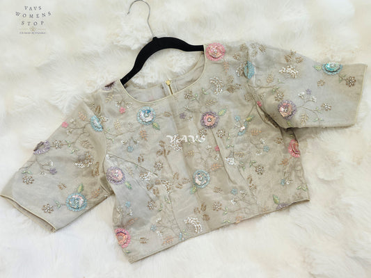 Royal Champagne Beige Designer Tissue Floral Embroidered Blouse