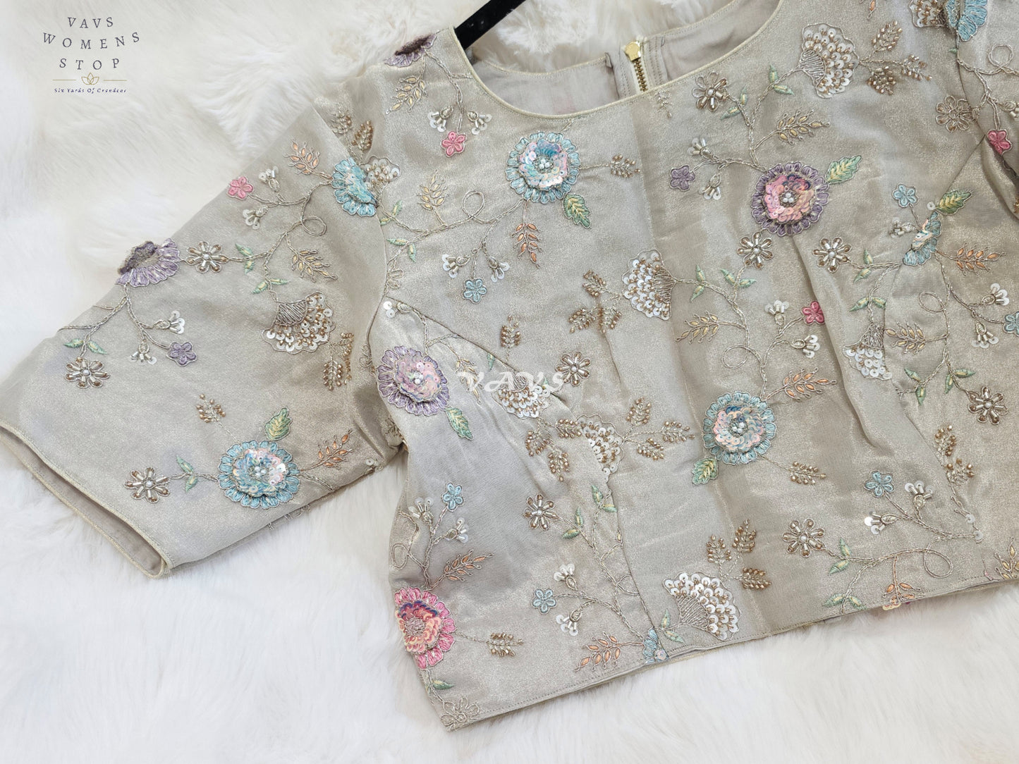 Royal Champagne Beige Designer Tissue Floral Embroidered Blouse