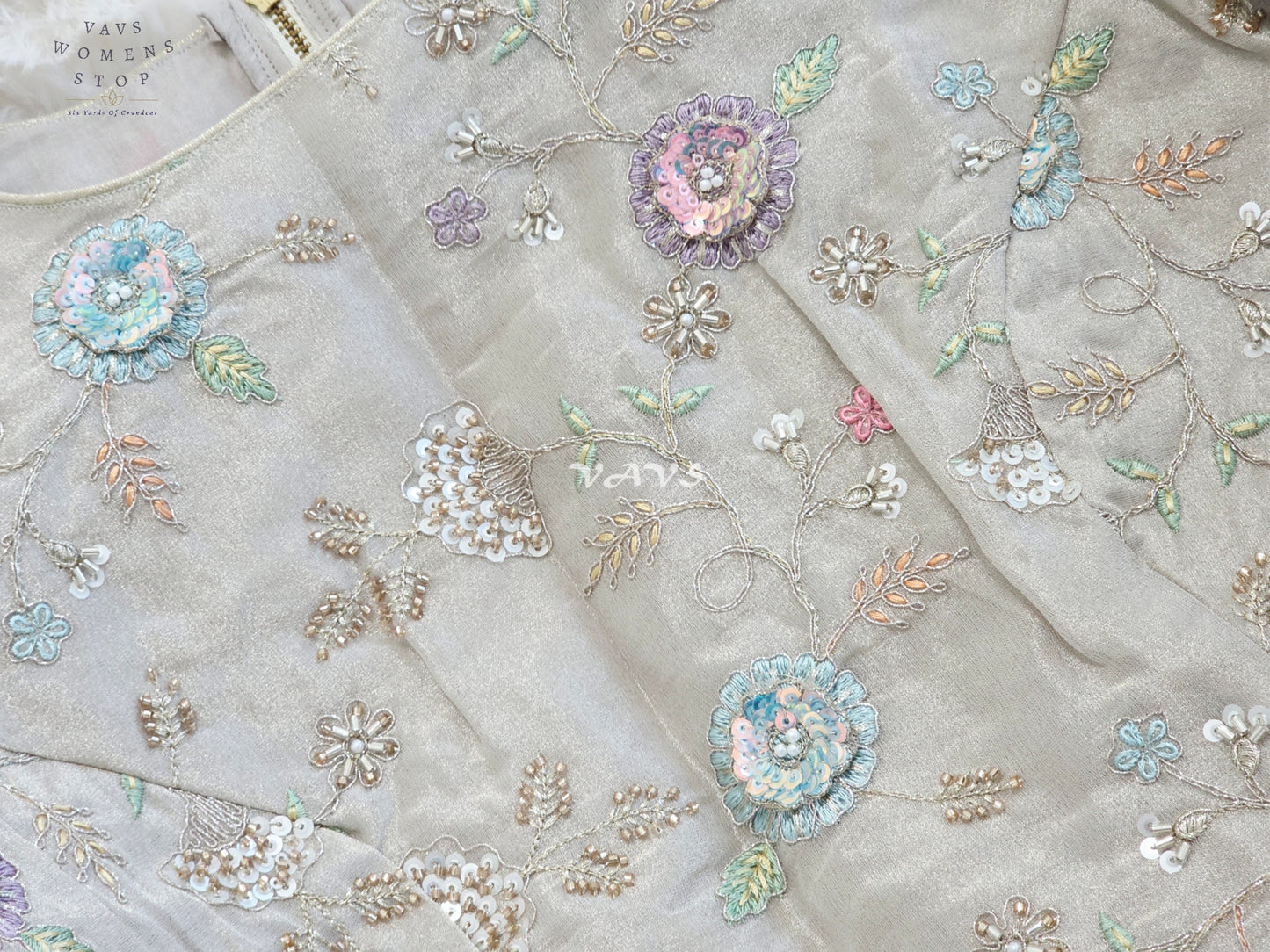 Royal Champagne Beige Designer Tissue Floral Embroidered Blouse