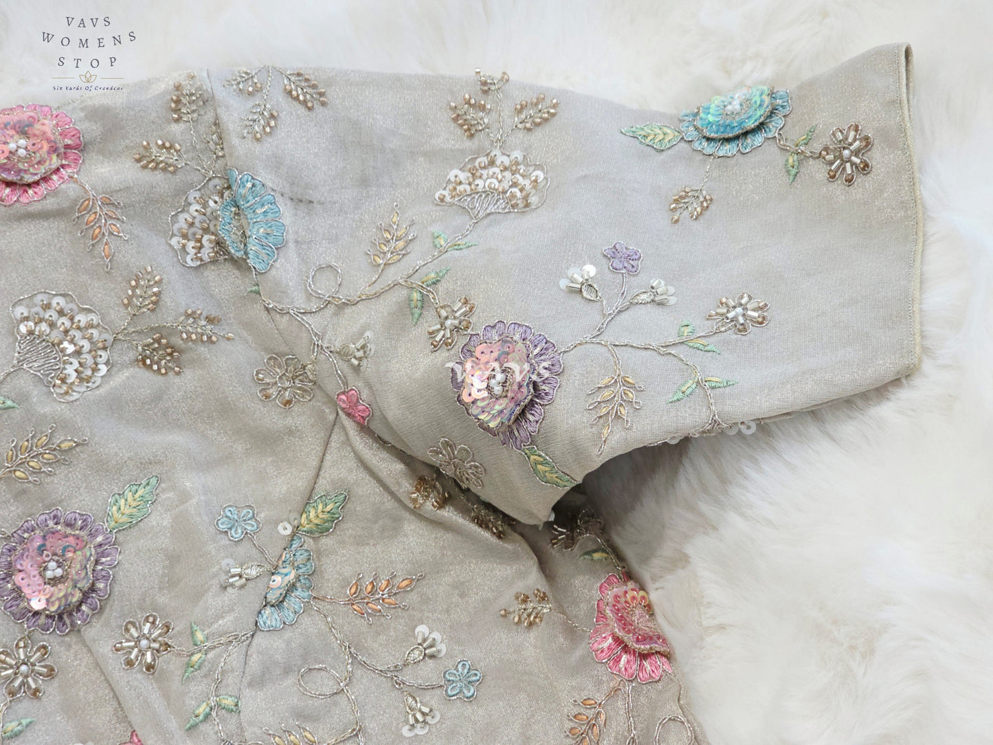 Royal Champagne Beige Designer Tissue Floral Embroidered Blouse