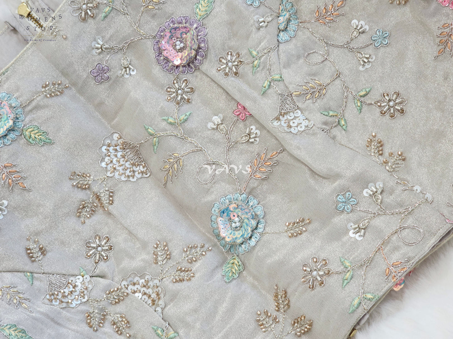 Royal Champagne Beige Designer Tissue Floral Embroidered Blouse