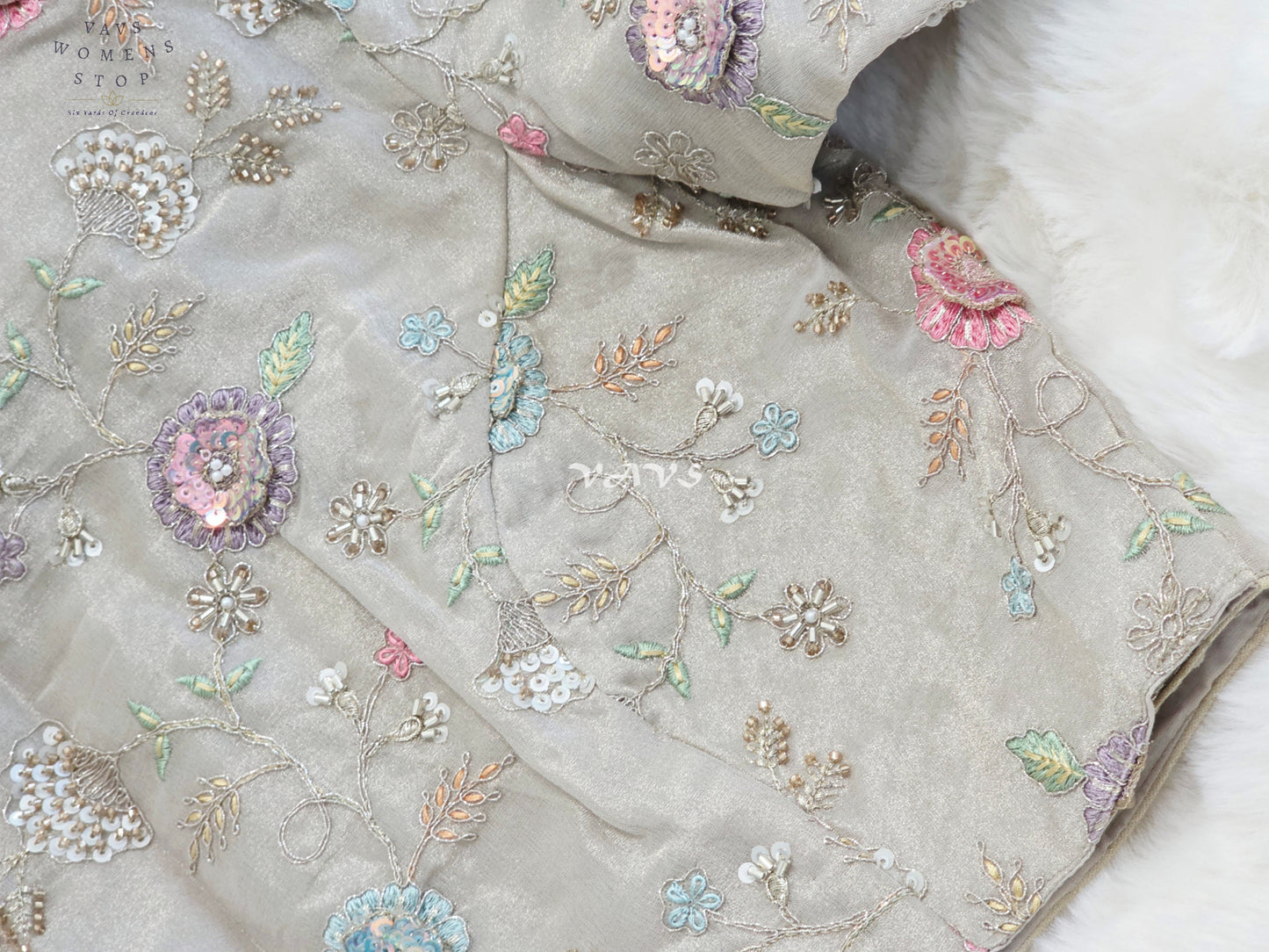 Royal Champagne Beige Designer Tissue Floral Embroidered Blouse