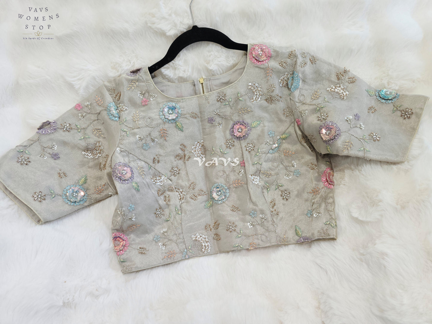 Royal Champagne Beige Designer Tissue Floral Embroidered Blouse