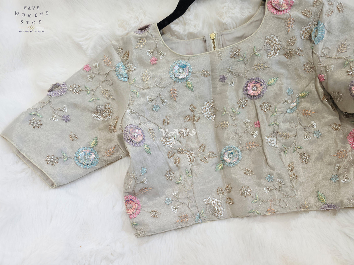 Royal Champagne Beige Designer Tissue Floral Embroidered Blouse