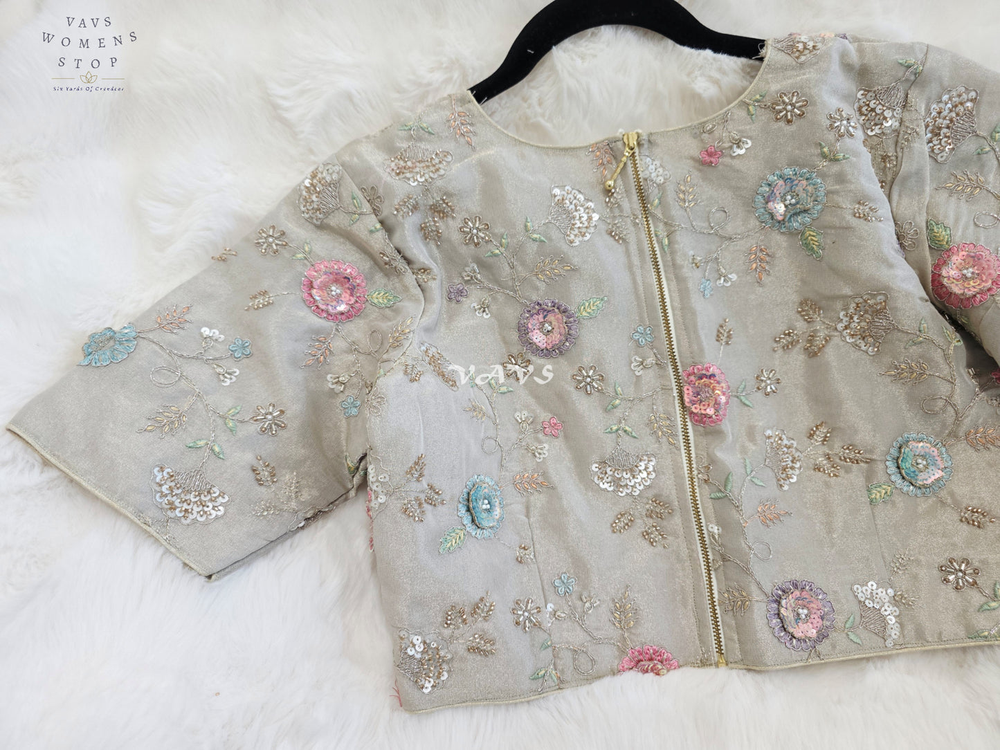 Royal Champagne Beige Designer Tissue Floral Embroidered Blouse