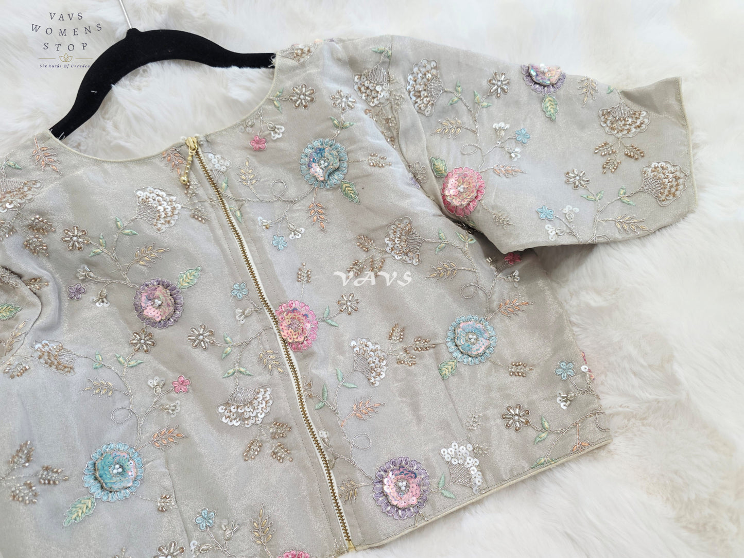 Royal Champagne Beige Designer Tissue Floral Embroidered Blouse