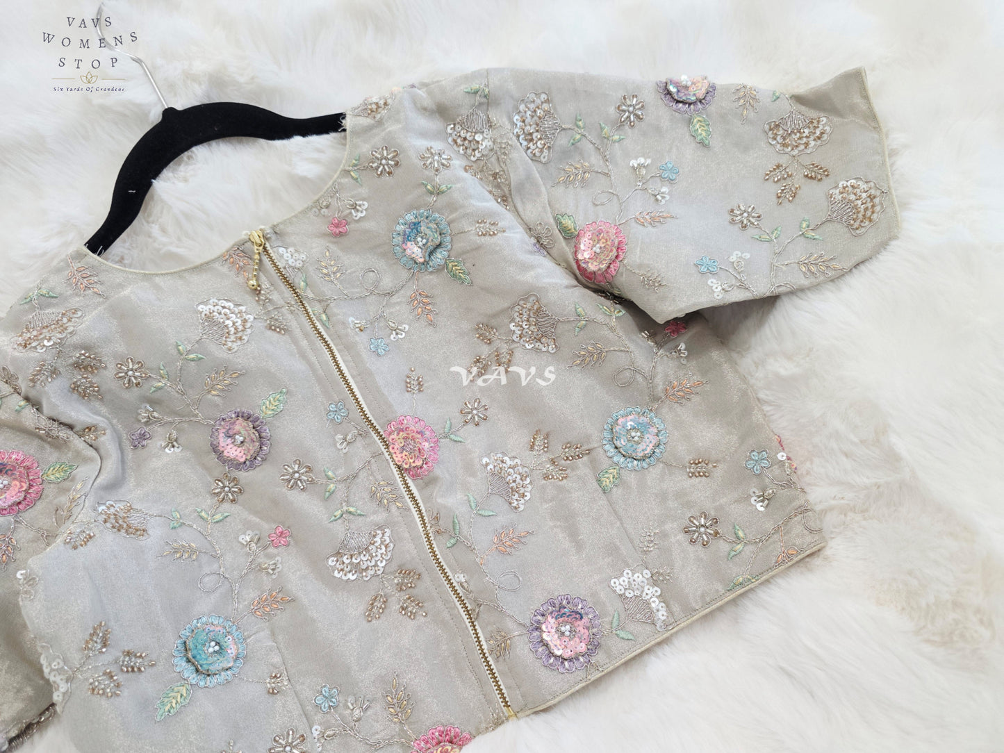 Royal Champagne Beige Designer Tissue Floral Embroidered Blouse
