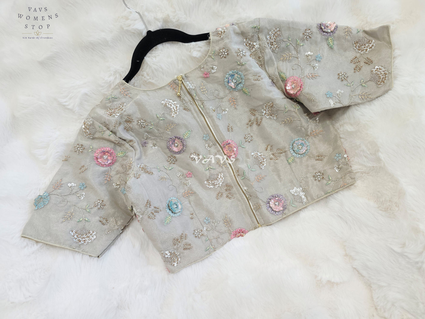 Royal Champagne Beige Designer Tissue Floral Embroidered Blouse