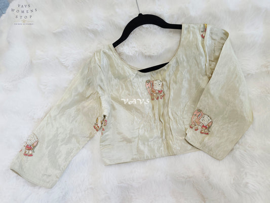 Royal Ivory Pearl Designer Tissue Blouse with Elephant Butta Embroidery