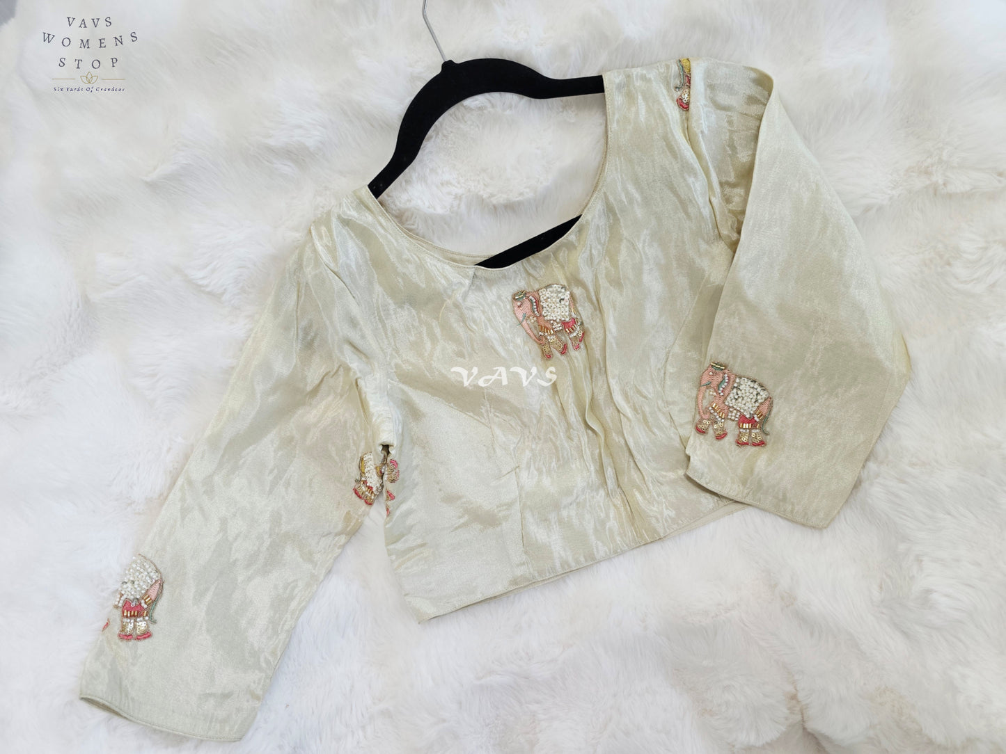 Royal Ivory Pearl Designer Tissue Blouse with Elephant Butta Embroidery