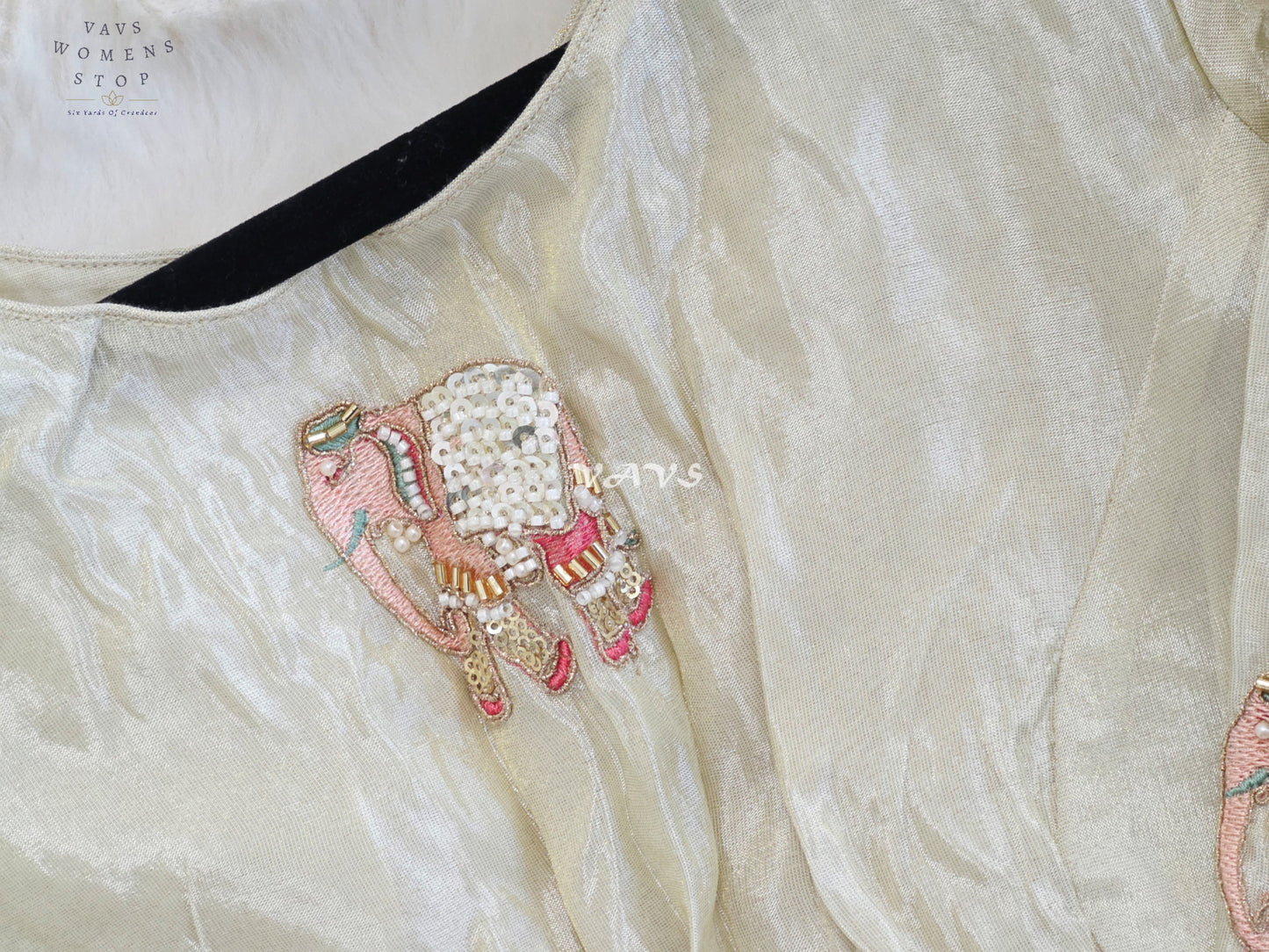 Royal Ivory Pearl Designer Tissue Blouse with Elephant Butta Embroidery