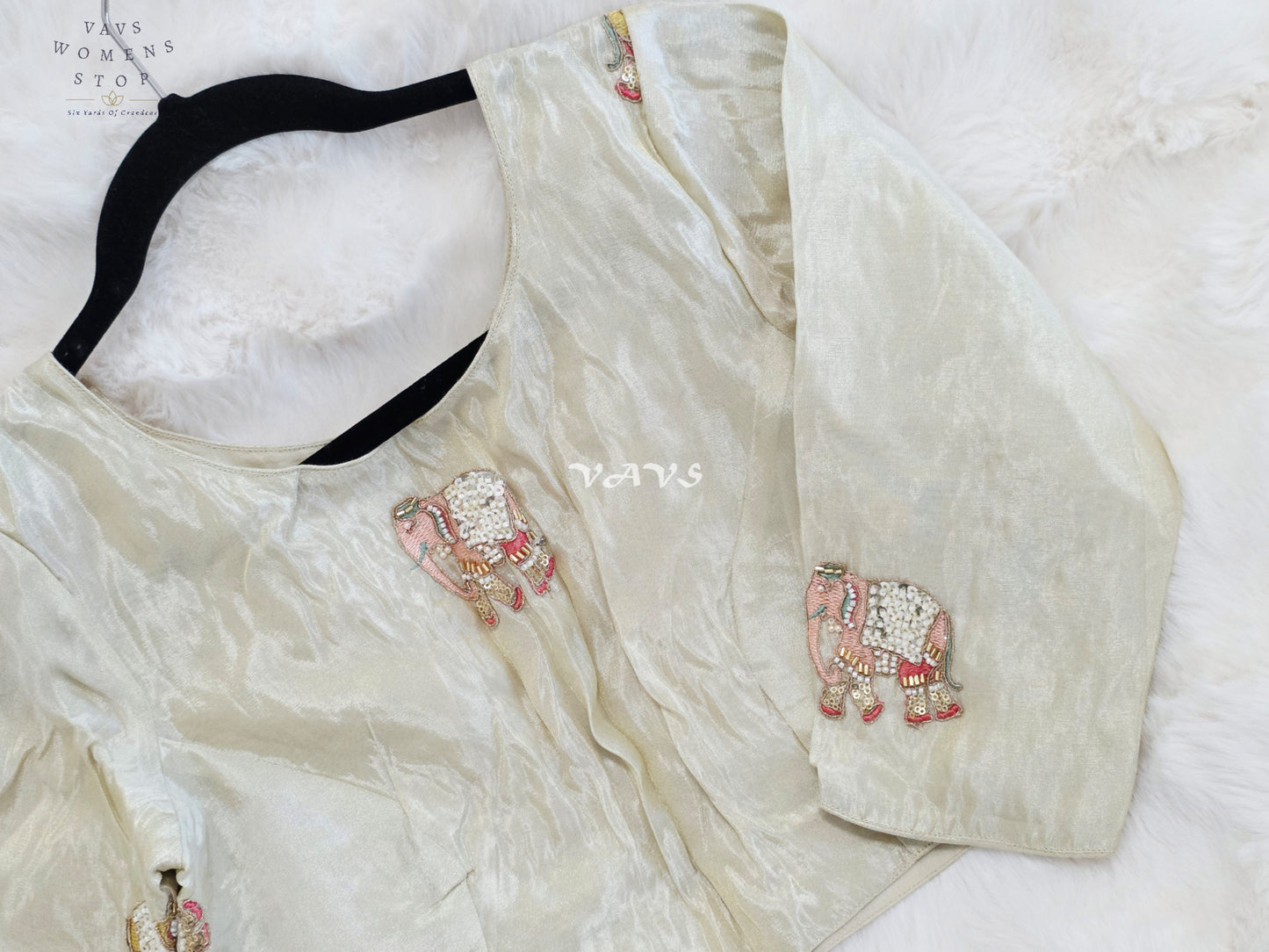 Royal Ivory Pearl Designer Tissue Blouse with Elephant Butta Embroidery