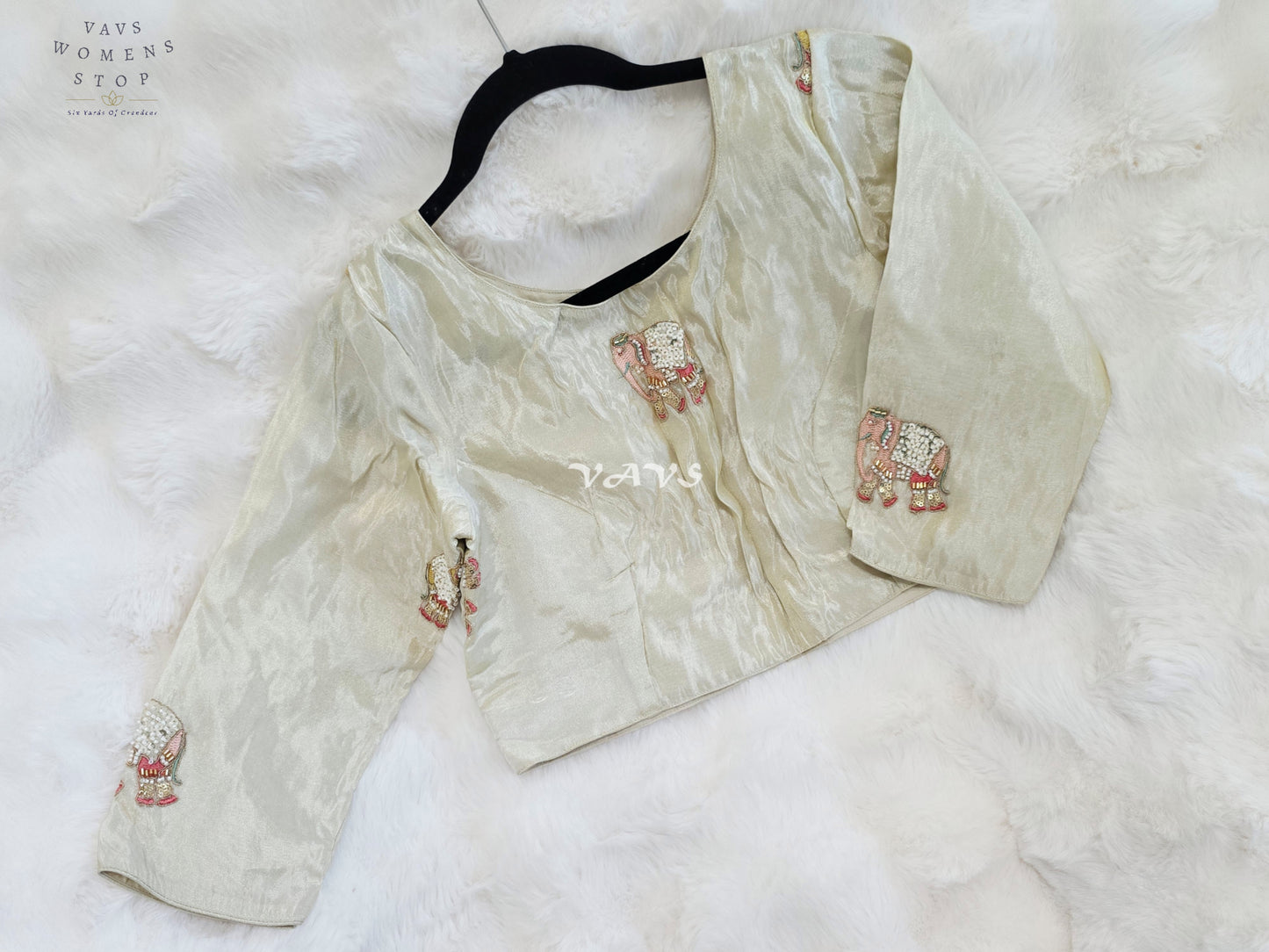 Royal Ivory Pearl Designer Tissue Blouse with Elephant Butta Embroidery