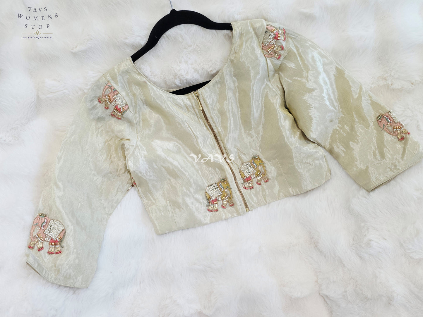 Royal Ivory Pearl Designer Tissue Blouse with Elephant Butta Embroidery