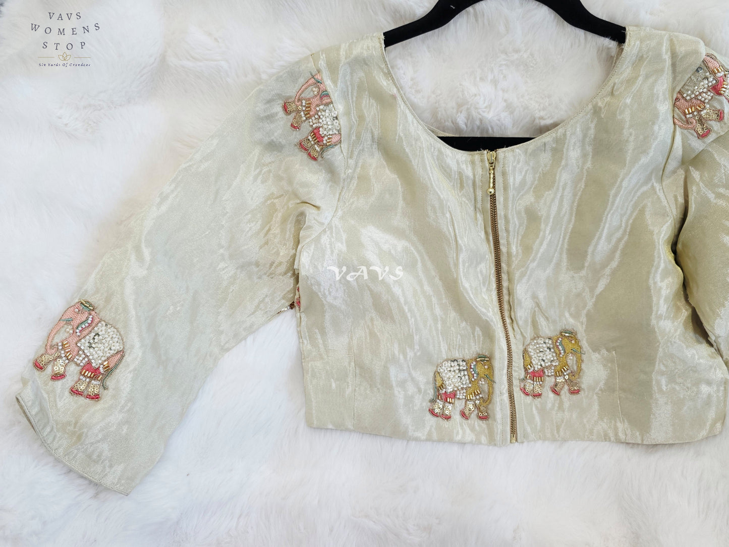Royal Ivory Pearl Designer Tissue Blouse with Elephant Butta Embroidery