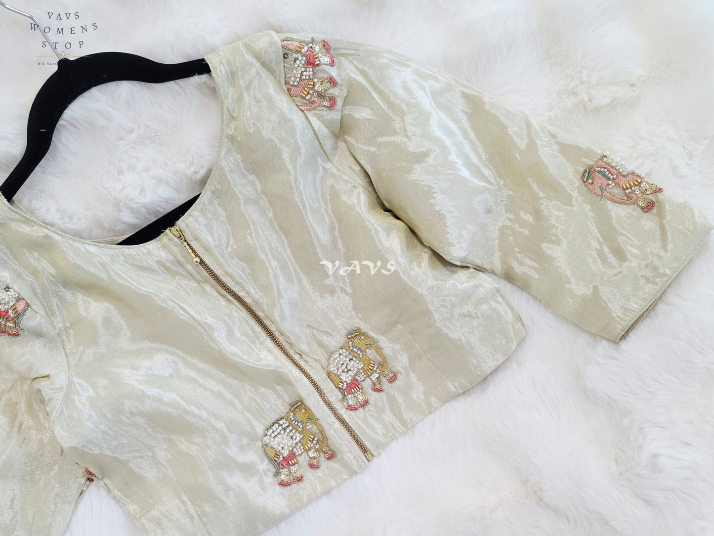 Royal Ivory Pearl Designer Tissue Blouse with Elephant Butta Embroidery