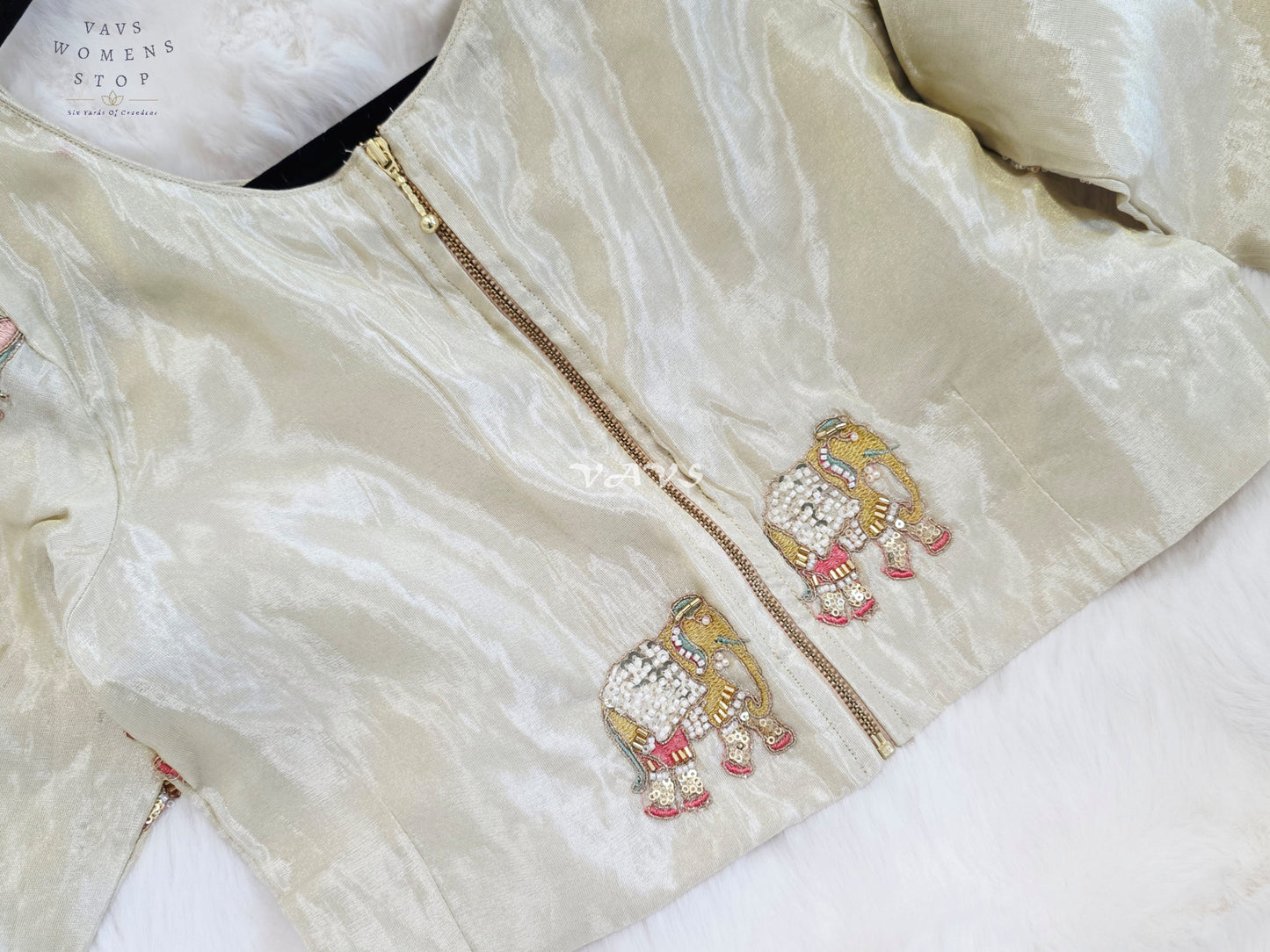 Royal Ivory Pearl Designer Tissue Blouse with Elephant Butta Embroidery