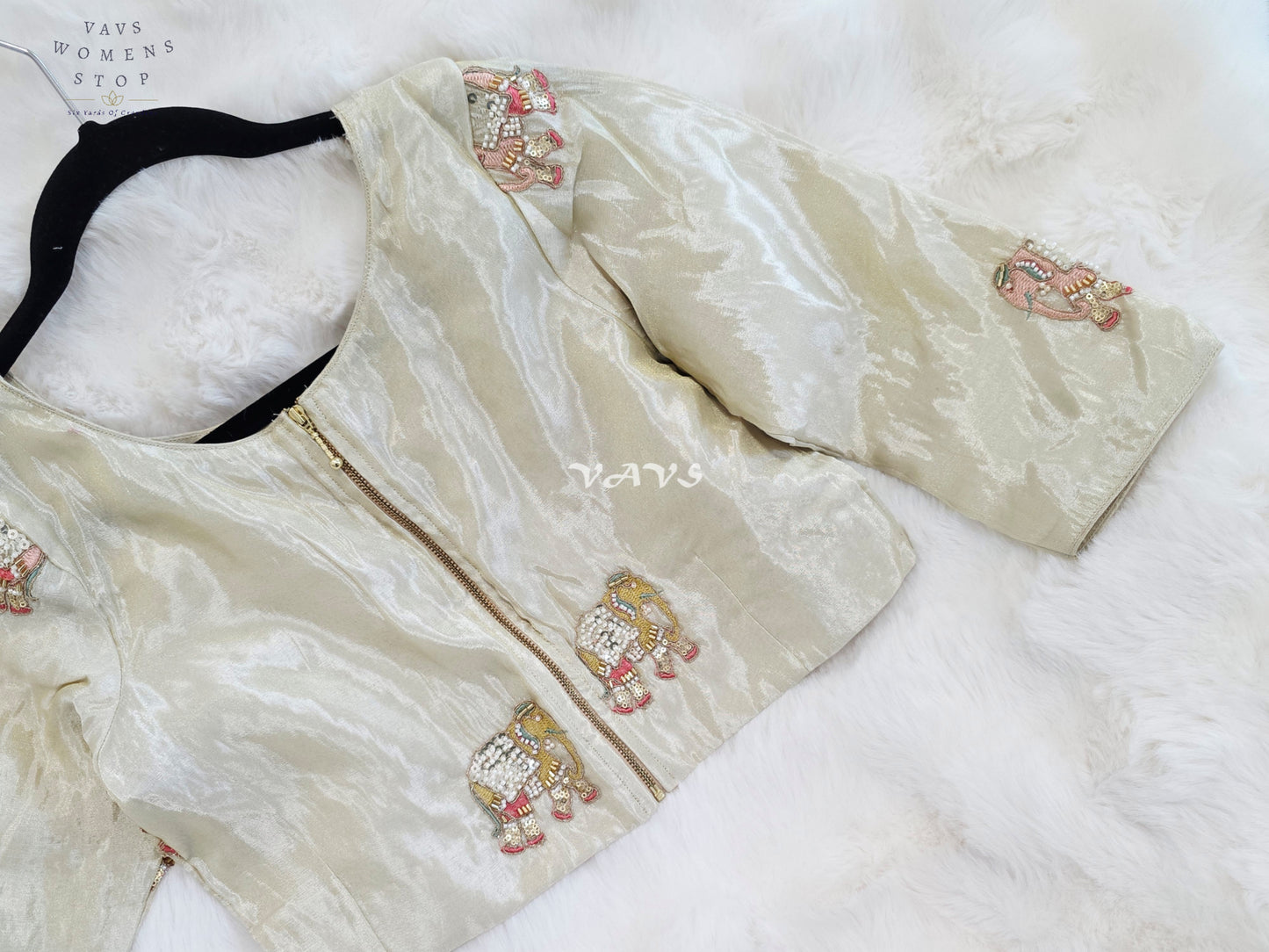 Royal Ivory Pearl Designer Tissue Blouse with Elephant Butta Embroidery