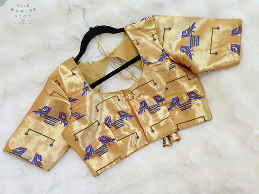 Royal Antique Gold Paithani Peacock Motif Designer Stitched Blouse