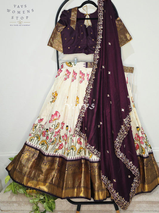 Royal Pearl Ivory Lotus Floral Semi Gadwal Lehenga Set with Deep Aubergine Chinon Chiffon Dupatta & Blouse Size 40–46
