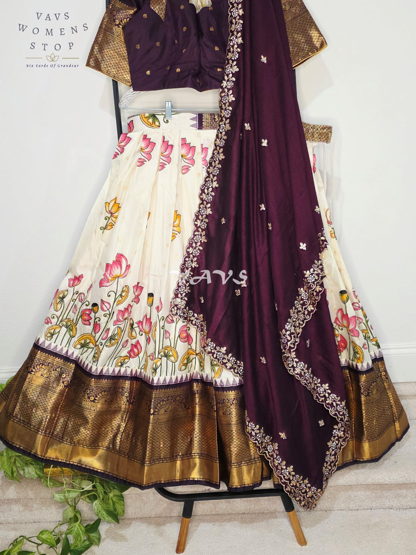 Royal Pearl Ivory Lotus Floral Semi Gadwal Lehenga Set with Deep Aubergine Chinon Chiffon Dupatta & Blouse Size 40–46