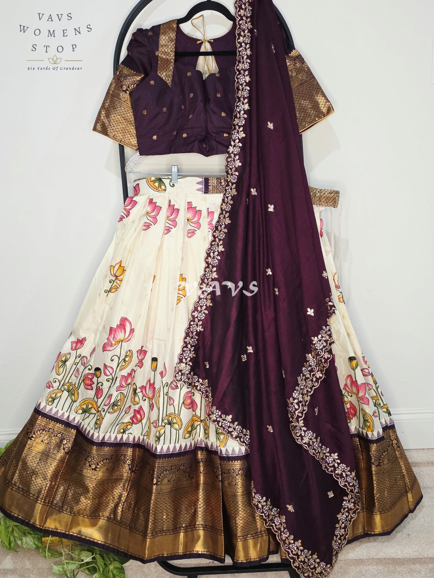 Royal Pearl Ivory Lotus Floral Semi Gadwal Lehenga Set with Deep Aubergine Chinon Chiffon Dupatta & Blouse Size 40–46