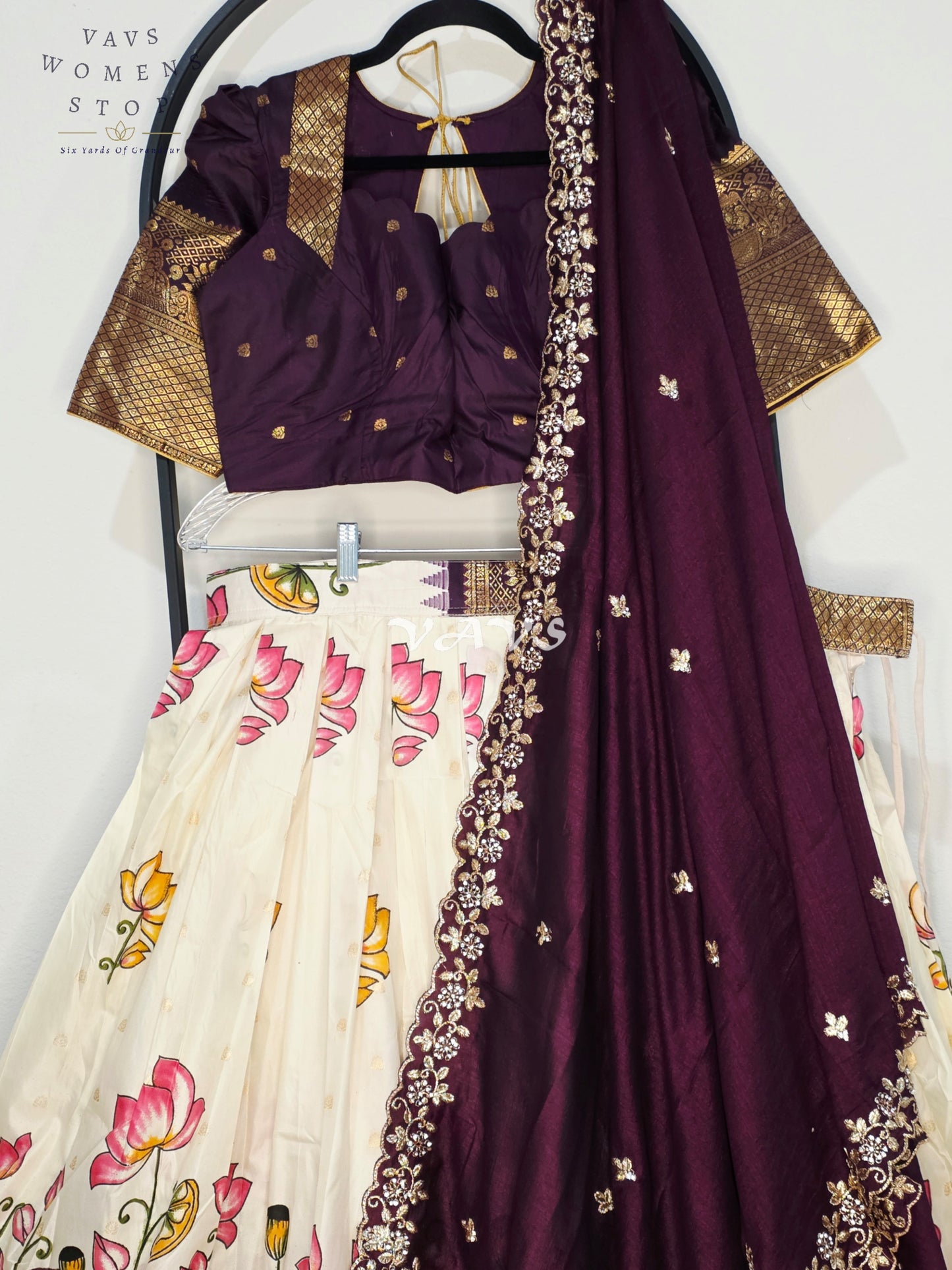 Royal Pearl Ivory Lotus Floral Semi Gadwal Lehenga Set with Deep Aubergine Chinon Chiffon Dupatta & Blouse Size 40–46