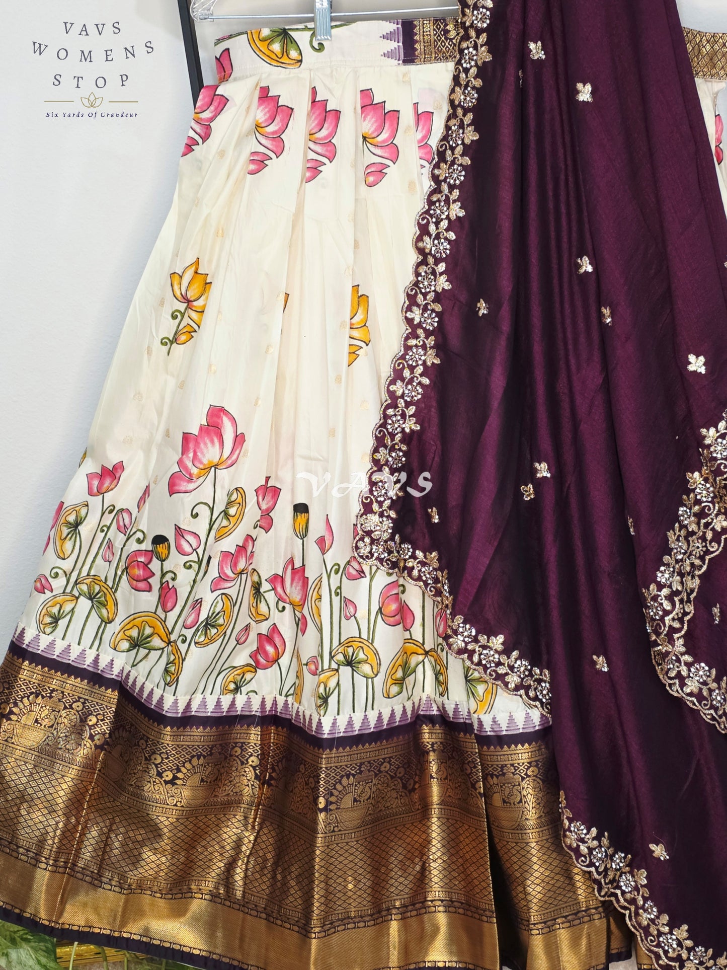 Royal Pearl Ivory Lotus Floral Semi Gadwal Lehenga Set with Deep Aubergine Chinon Chiffon Dupatta & Blouse Size 40–46