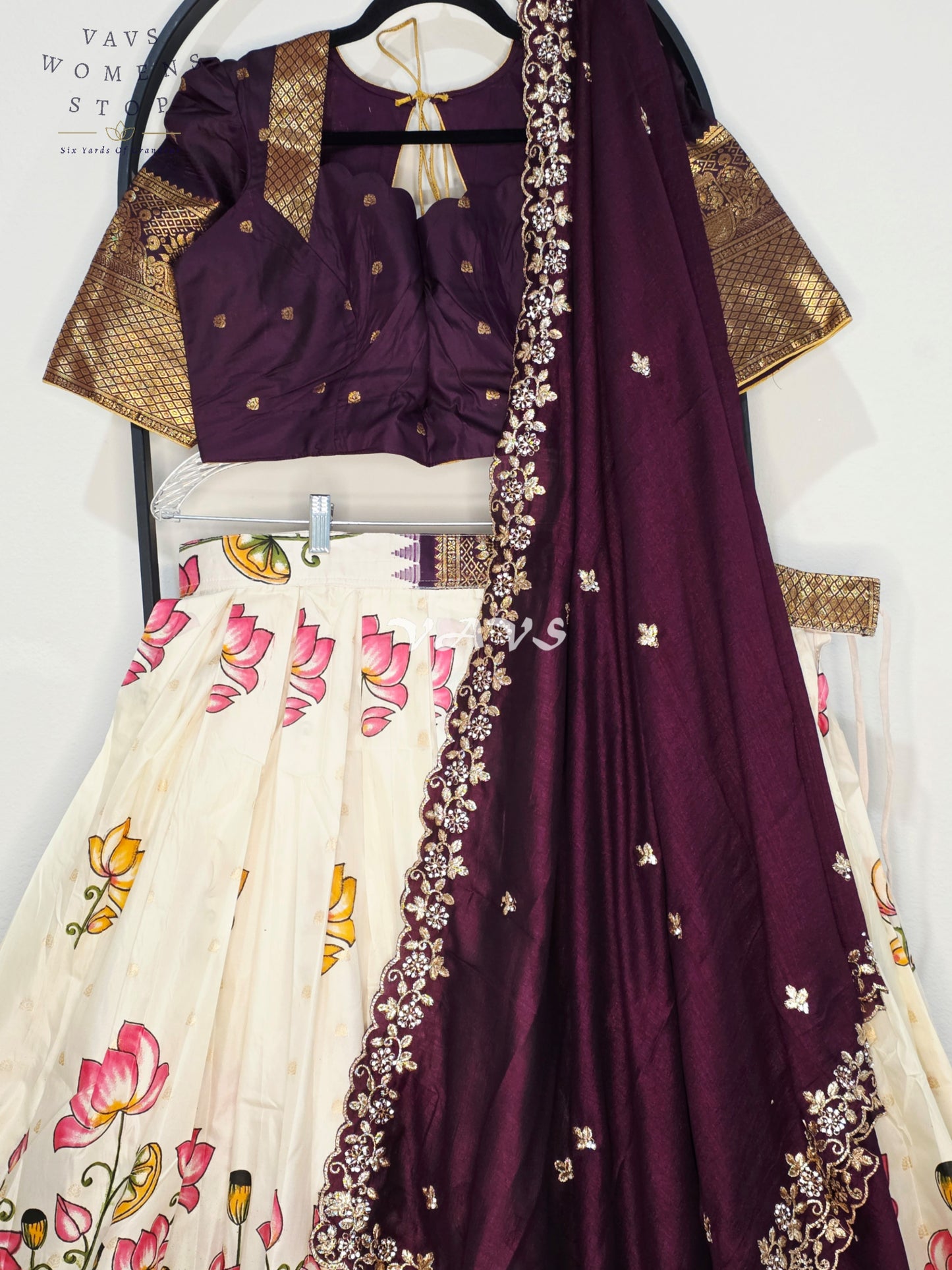 Royal Pearl Ivory Lotus Floral Semi Gadwal Lehenga Set with Deep Aubergine Chinon Chiffon Dupatta & Blouse Size 40–46