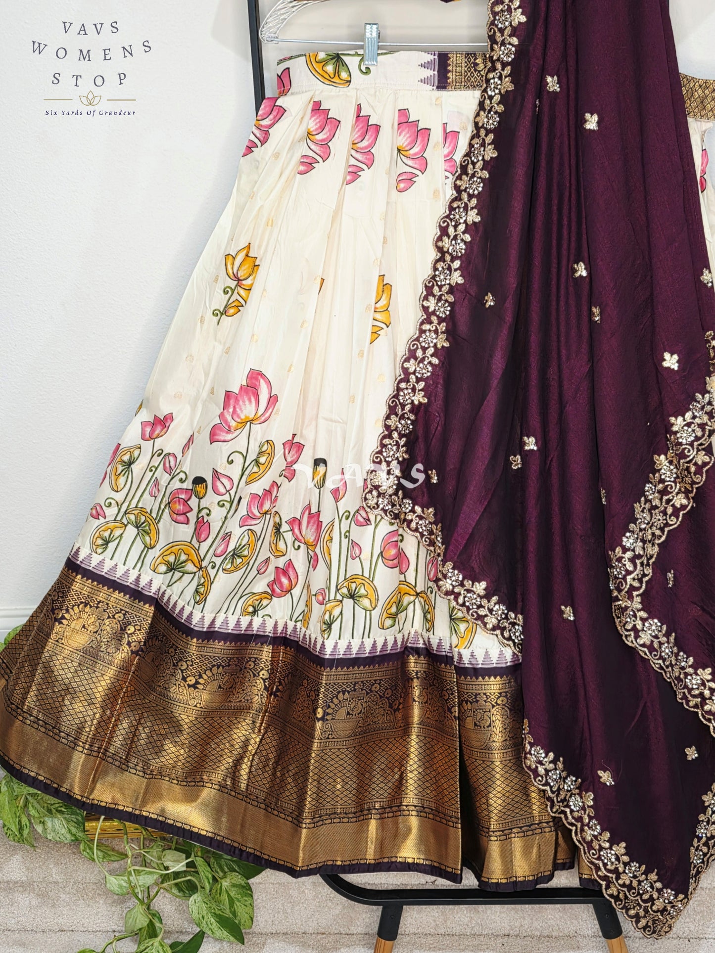 Royal Pearl Ivory Lotus Floral Semi Gadwal Lehenga Set with Deep Aubergine Chinon Chiffon Dupatta & Blouse Size 40–46