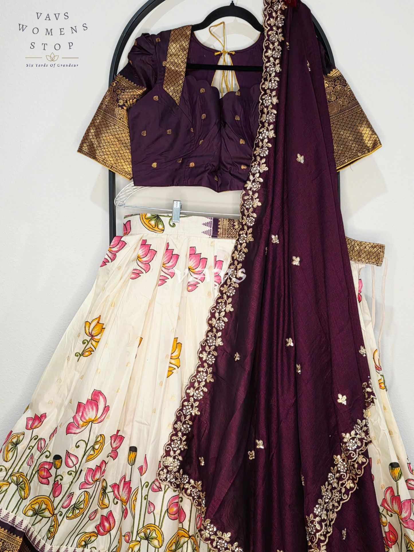 Royal Pearl Ivory Lotus Floral Semi Gadwal Lehenga Set with Deep Aubergine Chinon Chiffon Dupatta & Blouse Size 40–46