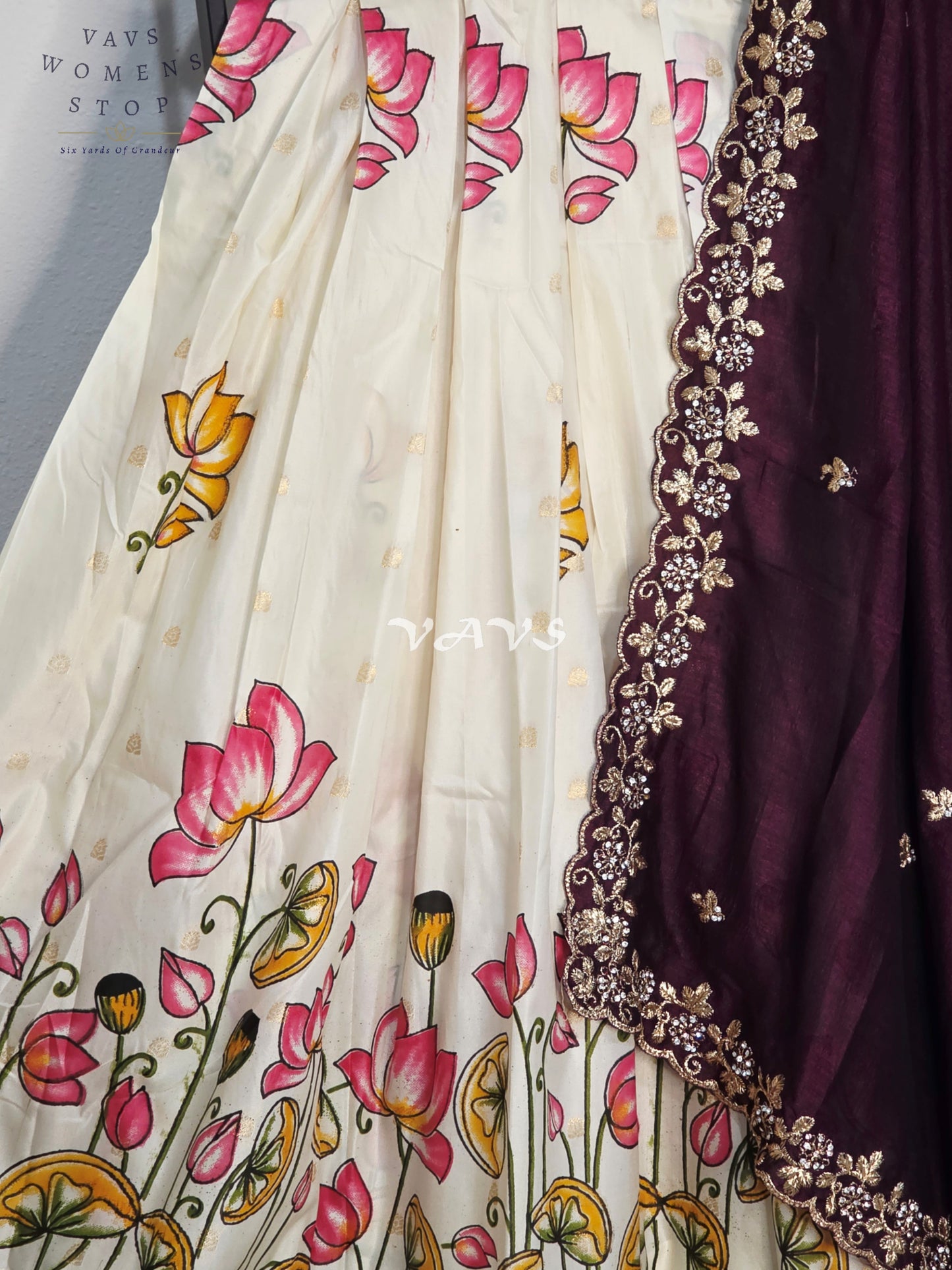 Royal Pearl Ivory Lotus Floral Semi Gadwal Lehenga Set with Deep Aubergine Chinon Chiffon Dupatta & Blouse Size 40–46
