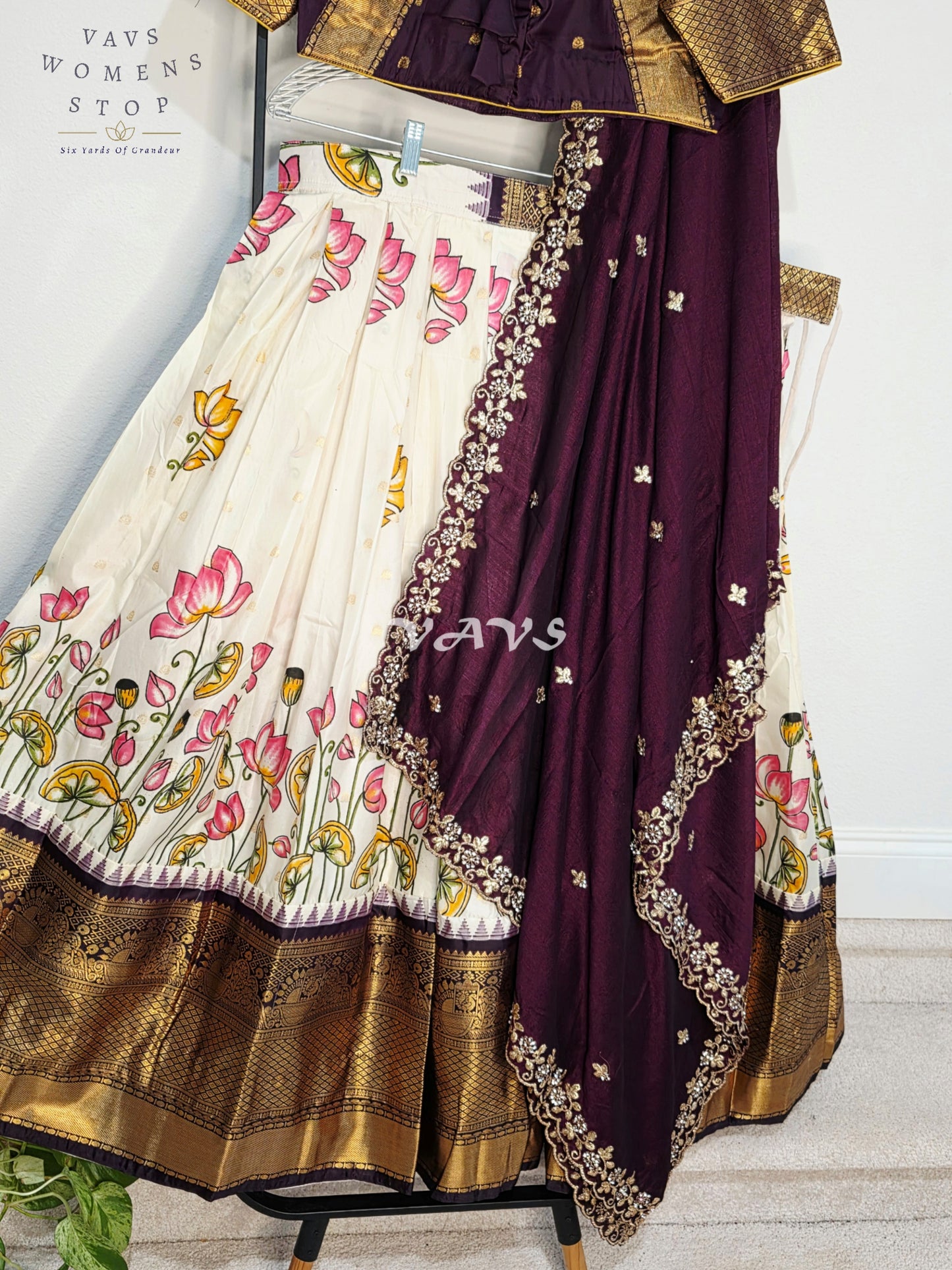 Royal Pearl Ivory Lotus Floral Semi Gadwal Lehenga Set with Deep Aubergine Chinon Chiffon Dupatta & Blouse Size 40–46