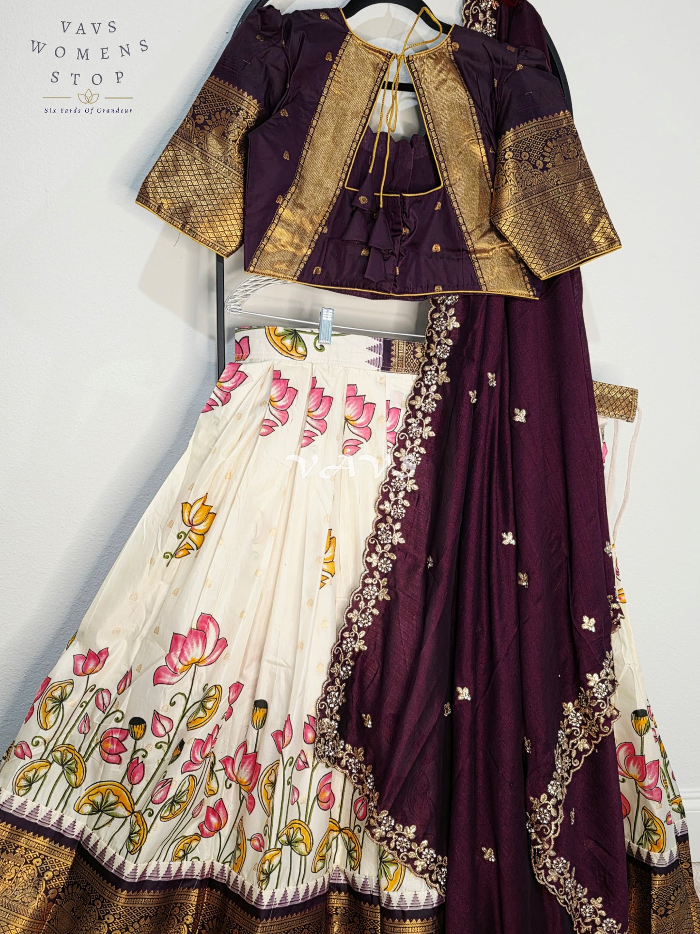 Royal Pearl Ivory Lotus Floral Semi Gadwal Lehenga Set with Deep Aubergine Chinon Chiffon Dupatta & Blouse Size 40–46