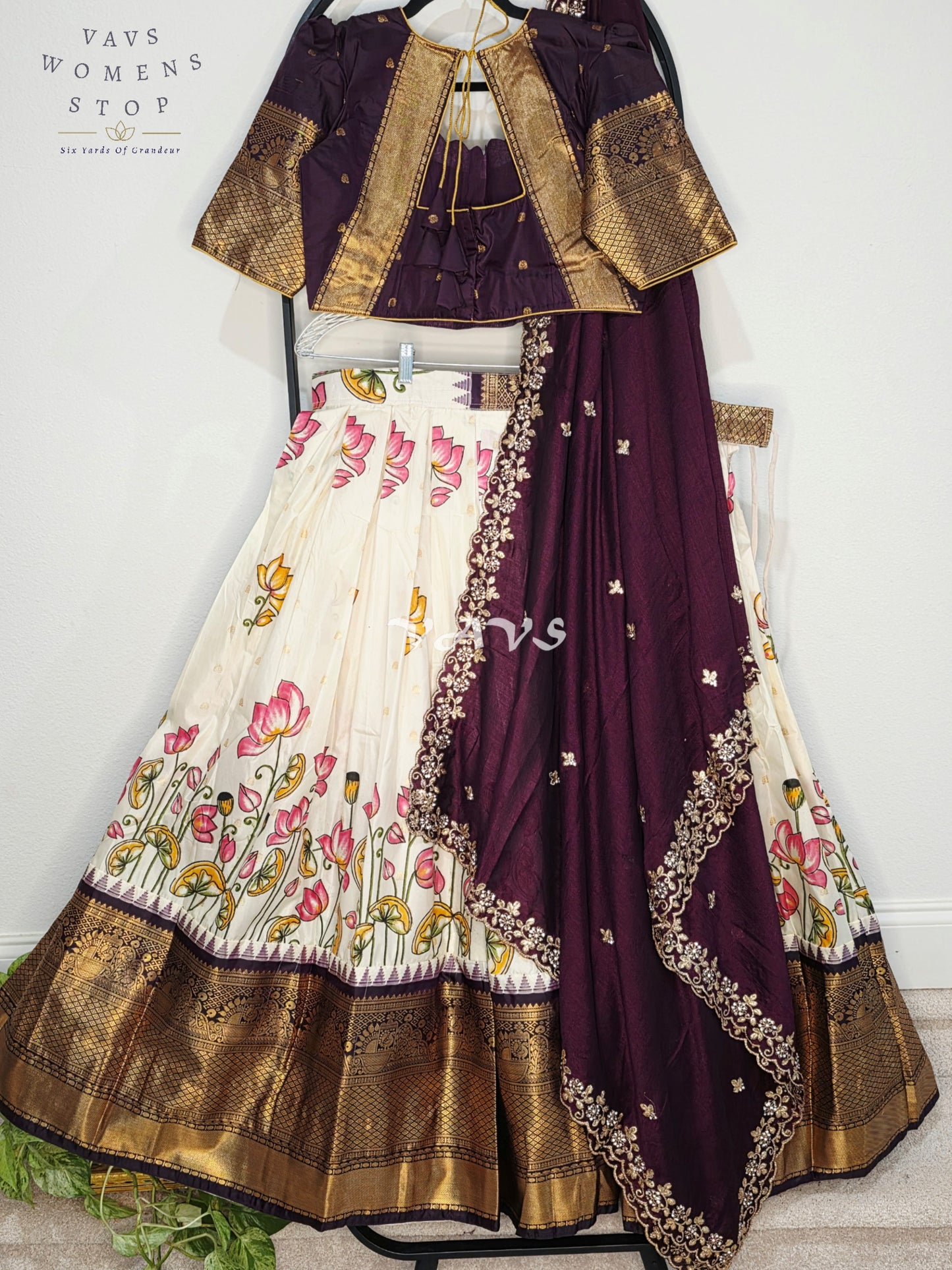 Royal Pearl Ivory Lotus Floral Semi Gadwal Lehenga Set with Deep Aubergine Chinon Chiffon Dupatta & Blouse Size 40–46