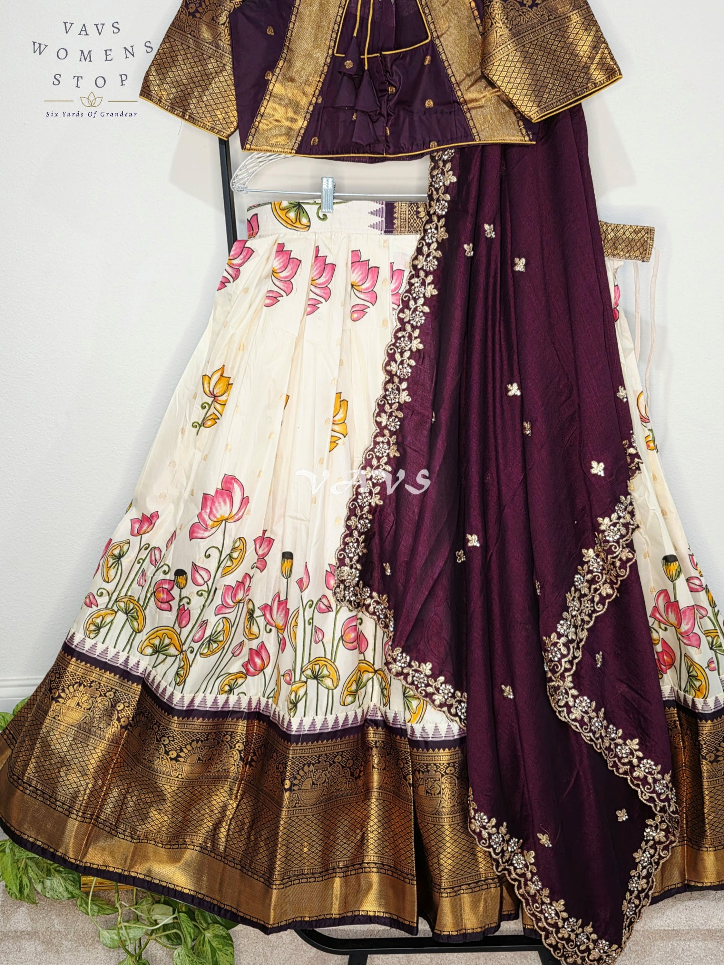 Royal Pearl Ivory Lotus Floral Semi Gadwal Lehenga Set with Deep Aubergine Chinon Chiffon Dupatta & Blouse Size 40–46