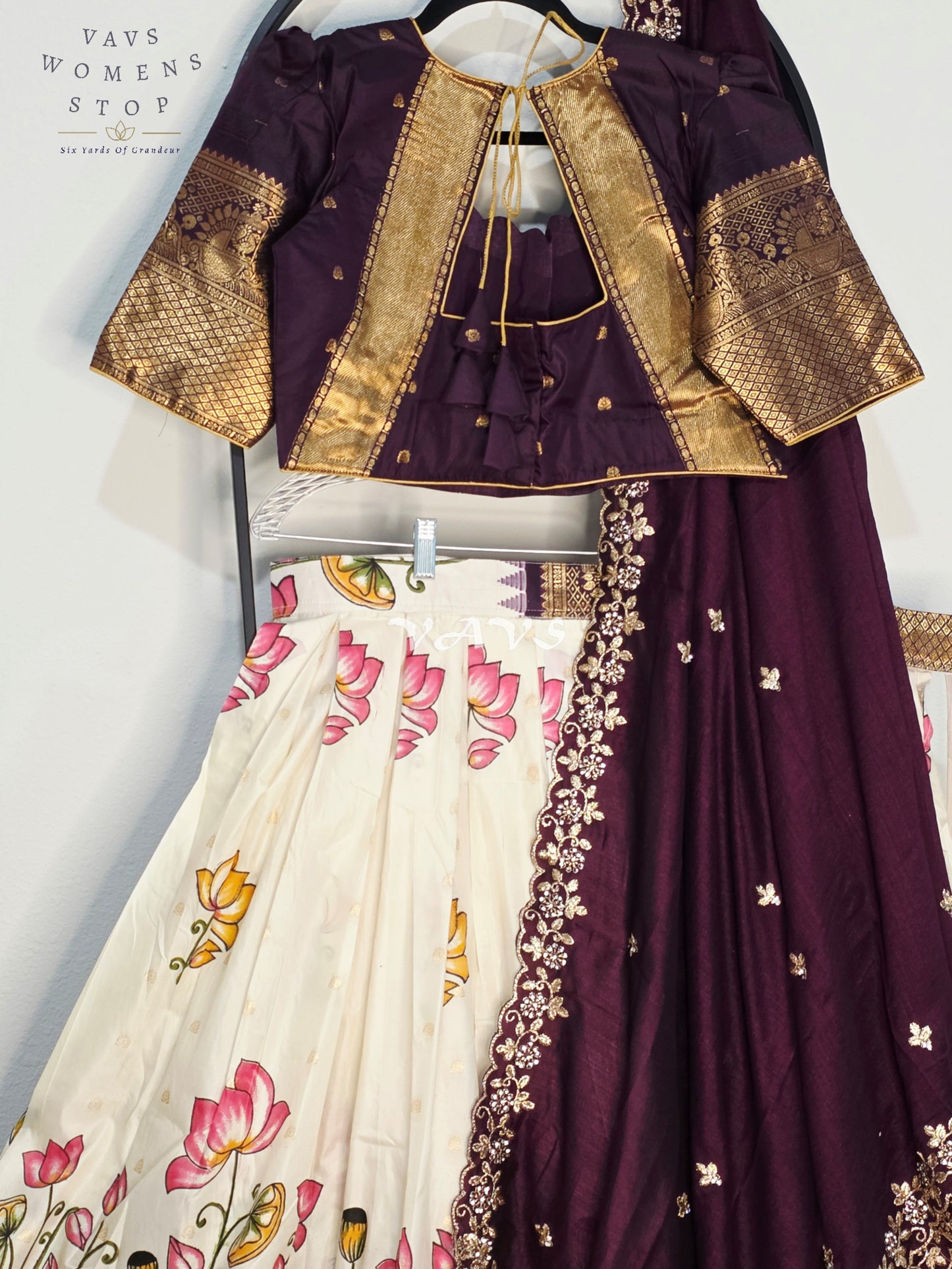 Royal Pearl Ivory Lotus Floral Semi Gadwal Lehenga Set with Deep Aubergine Chinon Chiffon Dupatta & Blouse Size 40–46