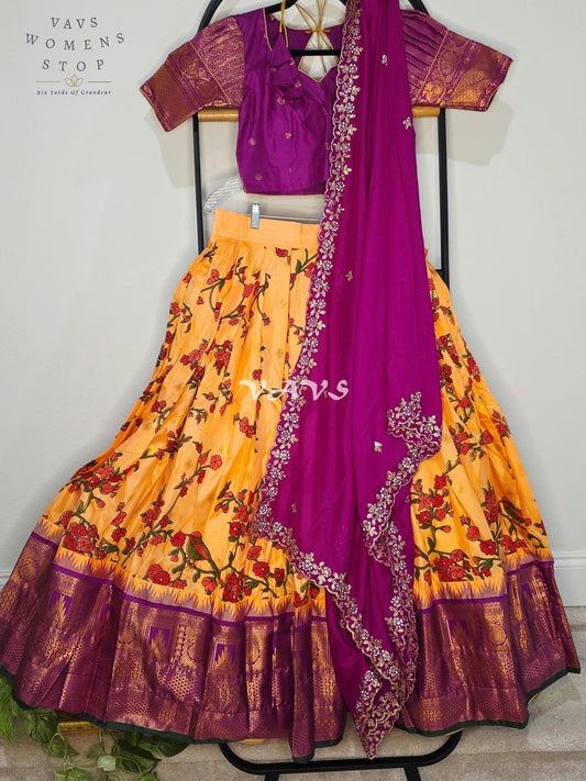 Royal Golden Marigold Blossom Semi Gadwal Lehenga Set with Magenta Chinon Chiffon Dupatta & Blouse Size 36–42