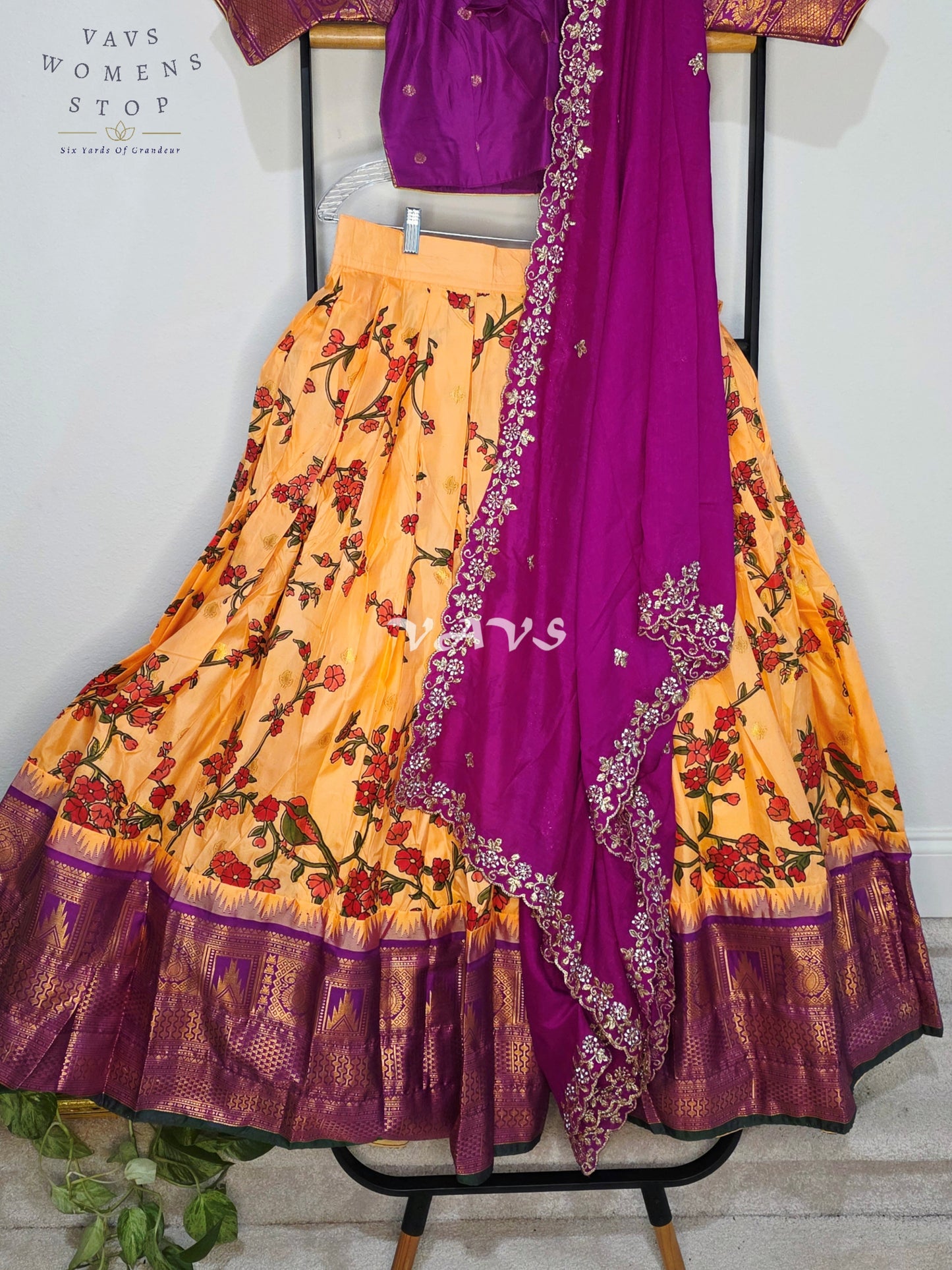 Royal Golden Marigold Blossom Semi Gadwal Lehenga Set with Magenta Chinon Chiffon Dupatta & Blouse Size 36–42