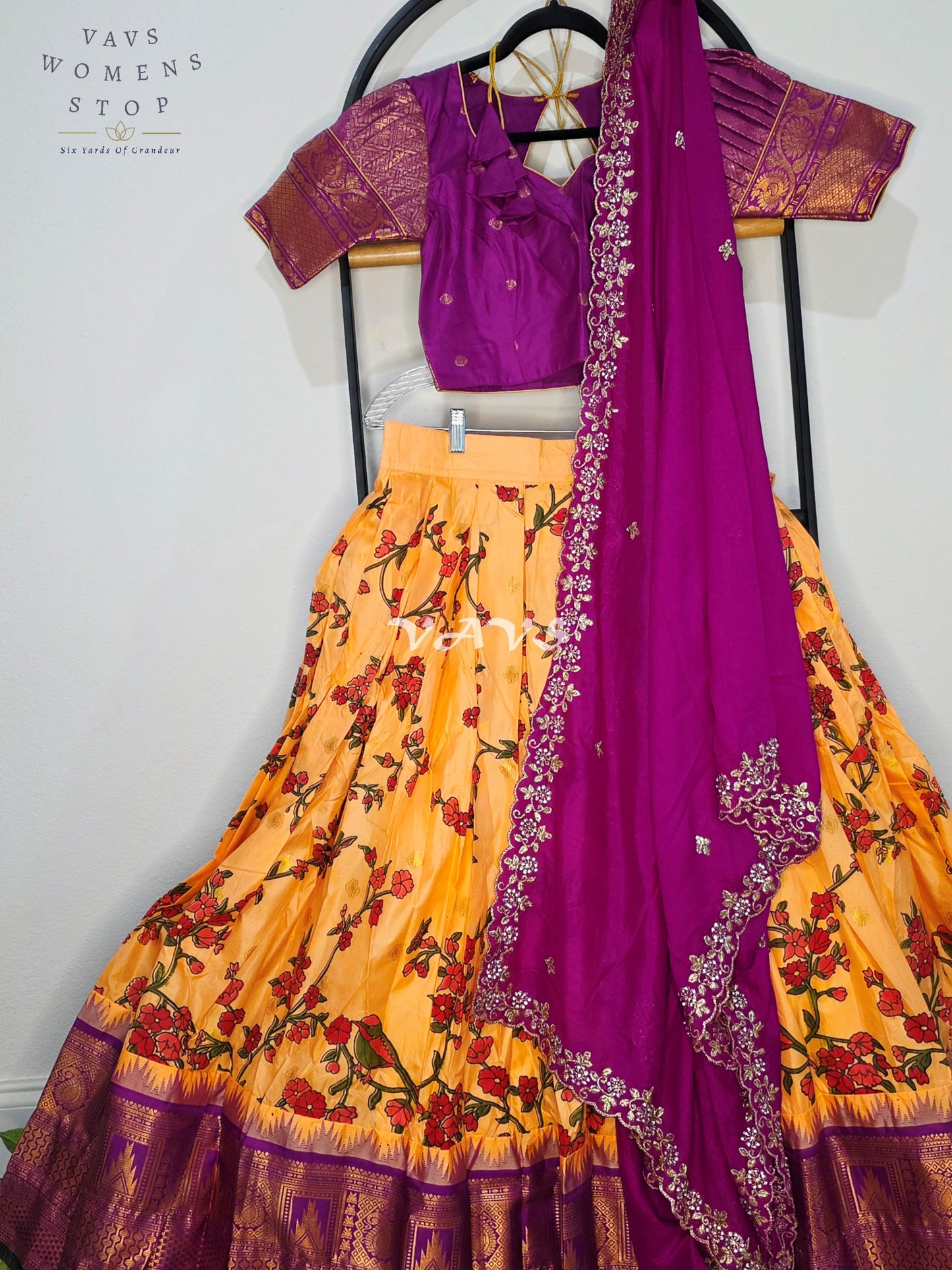 Royal Golden Marigold Blossom Semi Gadwal Lehenga Set with Magenta Chinon Chiffon Dupatta & Blouse Size 36–42