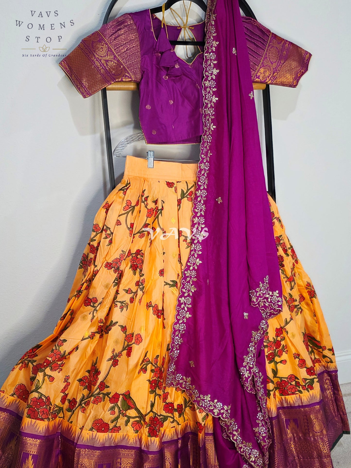 Royal Golden Marigold Blossom Semi Gadwal Lehenga Set with Magenta Chinon Chiffon Dupatta & Blouse Size 36–42
