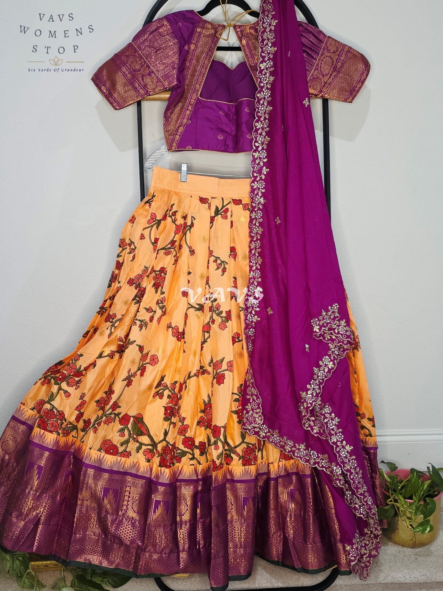 Royal Golden Marigold Blossom Semi Gadwal Lehenga Set with Magenta Chinon Chiffon Dupatta & Blouse Size 36–42