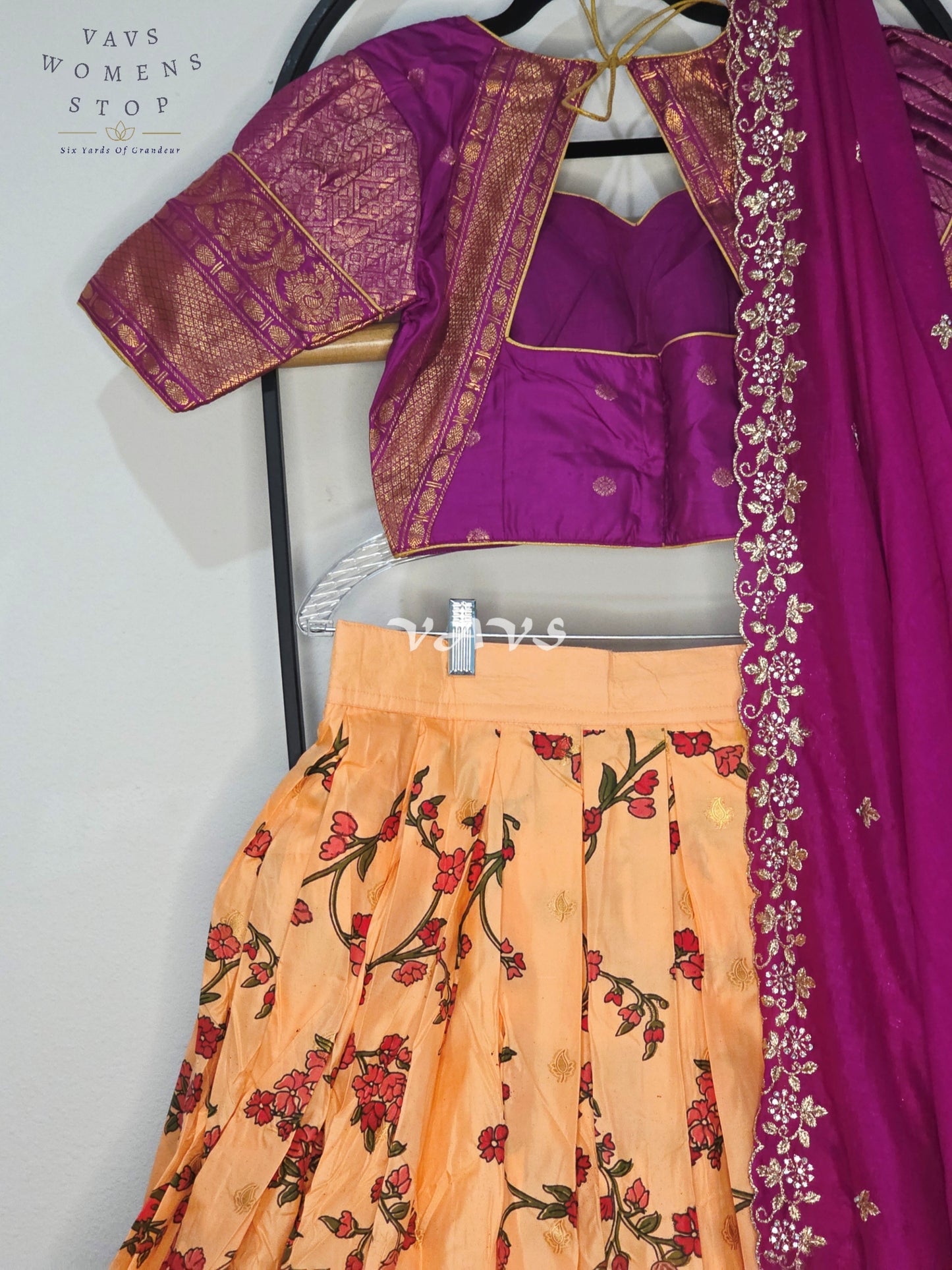 Royal Golden Marigold Blossom Semi Gadwal Lehenga Set with Magenta Chinon Chiffon Dupatta & Blouse Size 36–42