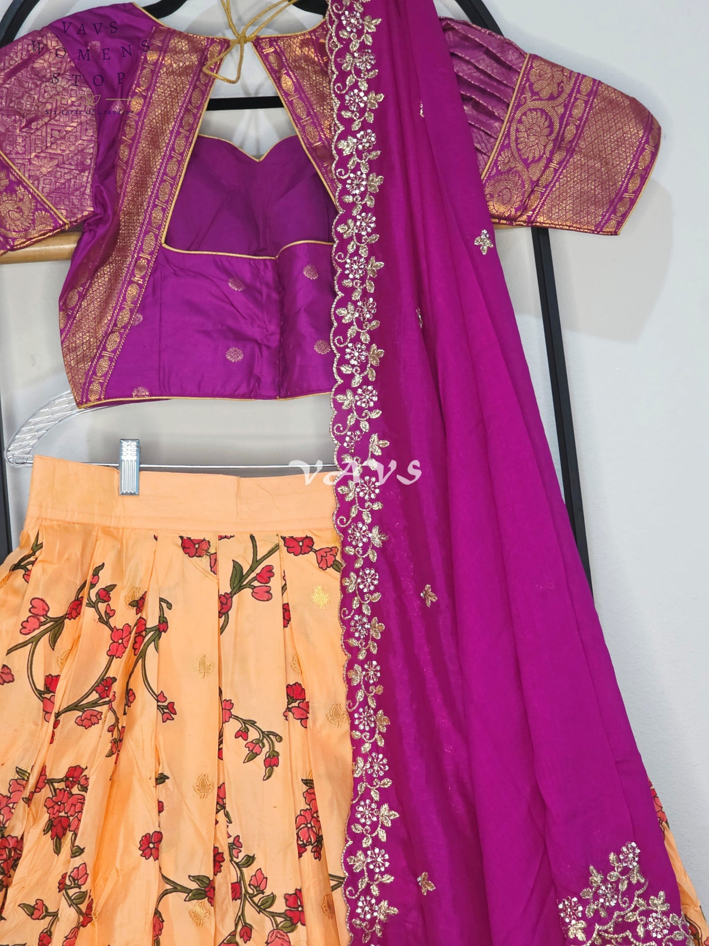 Royal Golden Marigold Blossom Semi Gadwal Lehenga Set with Magenta Chinon Chiffon Dupatta & Blouse Size 36–42