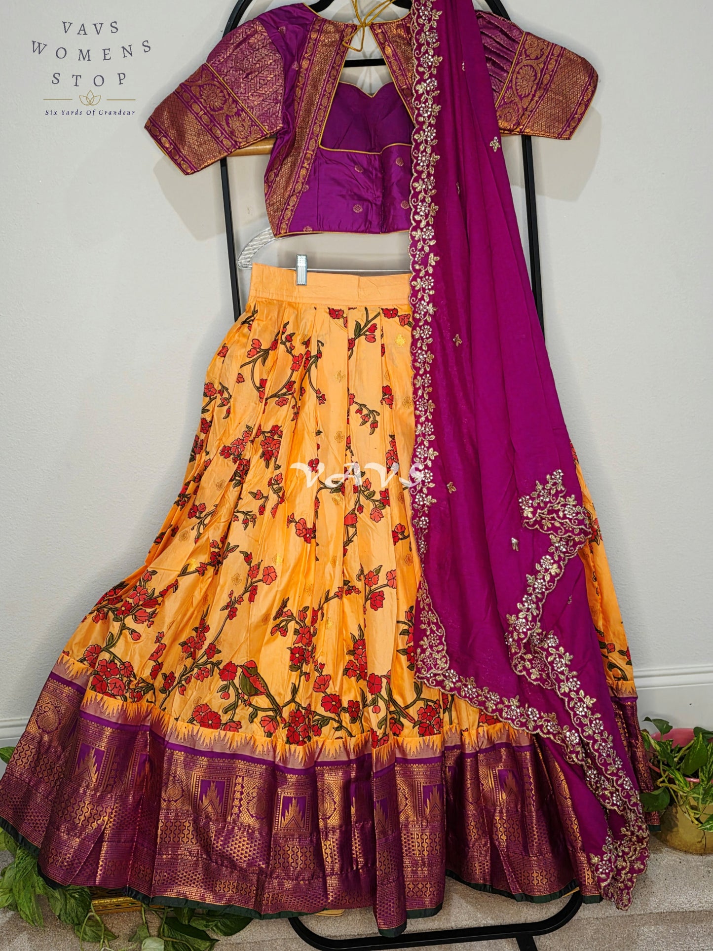 Royal Golden Marigold Blossom Semi Gadwal Lehenga Set with Magenta Chinon Chiffon Dupatta & Blouse Size 36–42