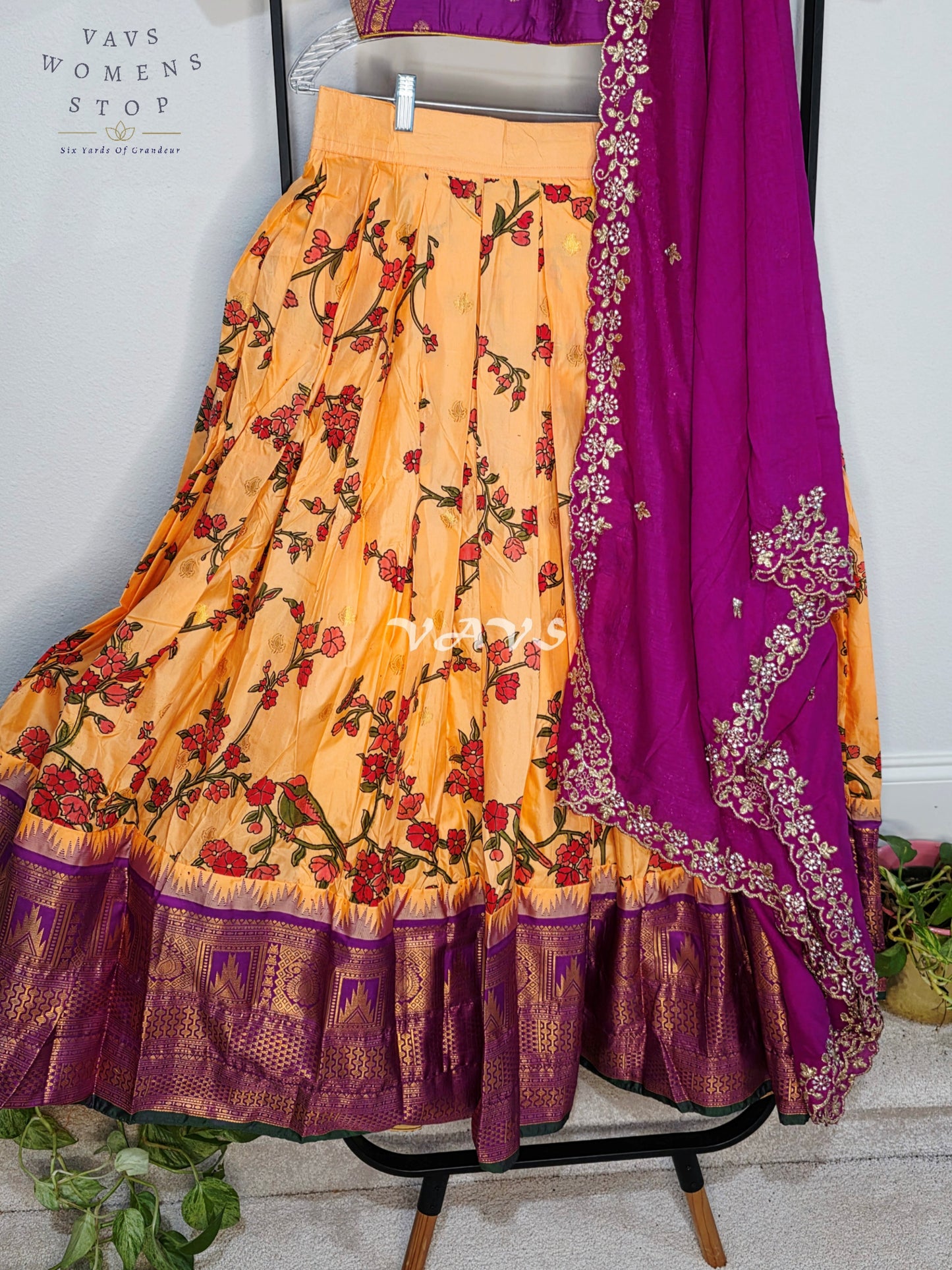 Royal Golden Marigold Blossom Semi Gadwal Lehenga Set with Magenta Chinon Chiffon Dupatta & Blouse Size 36–42