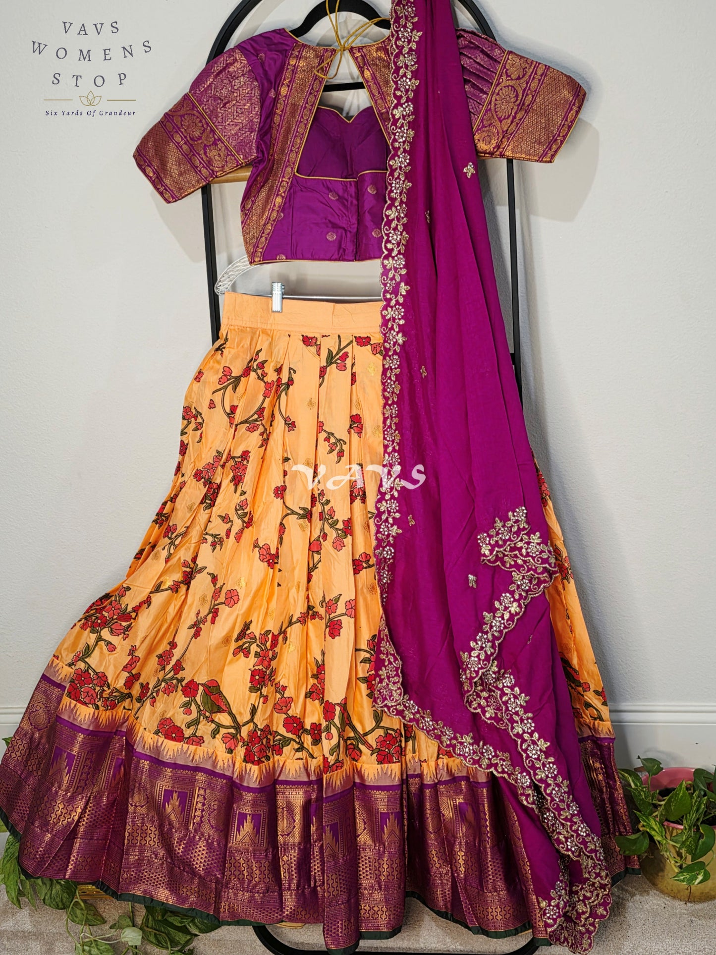 Royal Golden Marigold Blossom Semi Gadwal Lehenga Set with Magenta Chinon Chiffon Dupatta & Blouse Size 36–42