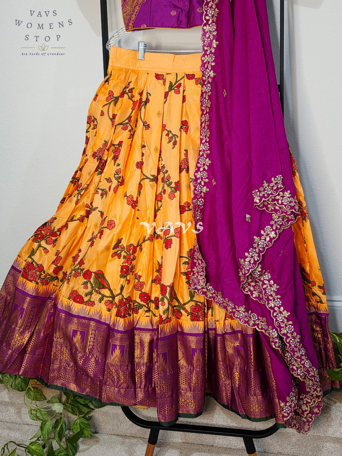 Royal Golden Marigold Blossom Semi Gadwal Lehenga Set with Magenta Chinon Chiffon Dupatta & Blouse Size 36–42