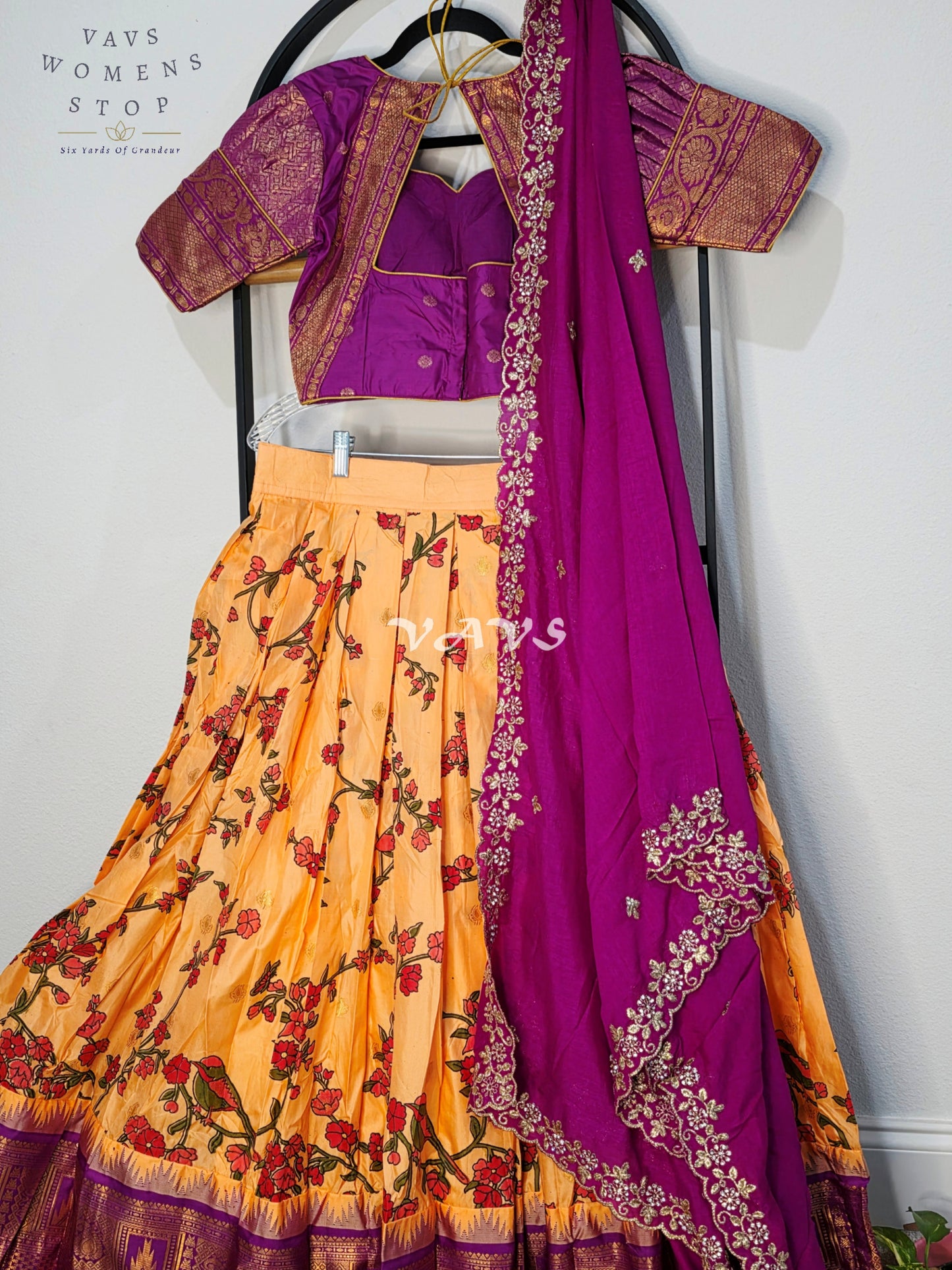 Royal Golden Marigold Blossom Semi Gadwal Lehenga Set with Magenta Chinon Chiffon Dupatta & Blouse Size 36–42