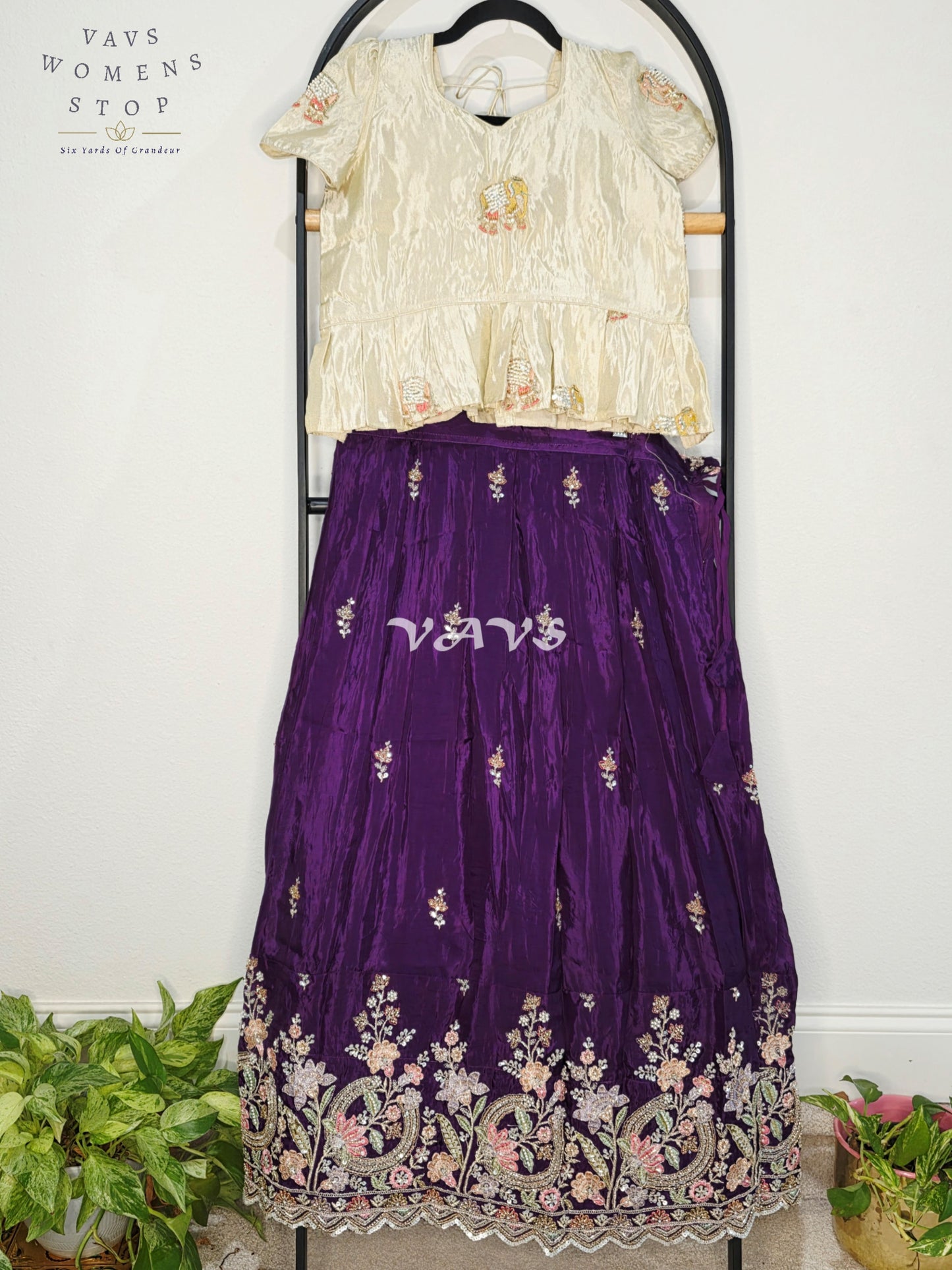 Royal Deep Amethyst Purple Premium Crepe Silk Embroidered Lehenga Set with Ivory Tissue Crop Top for Girls Ages 12–13